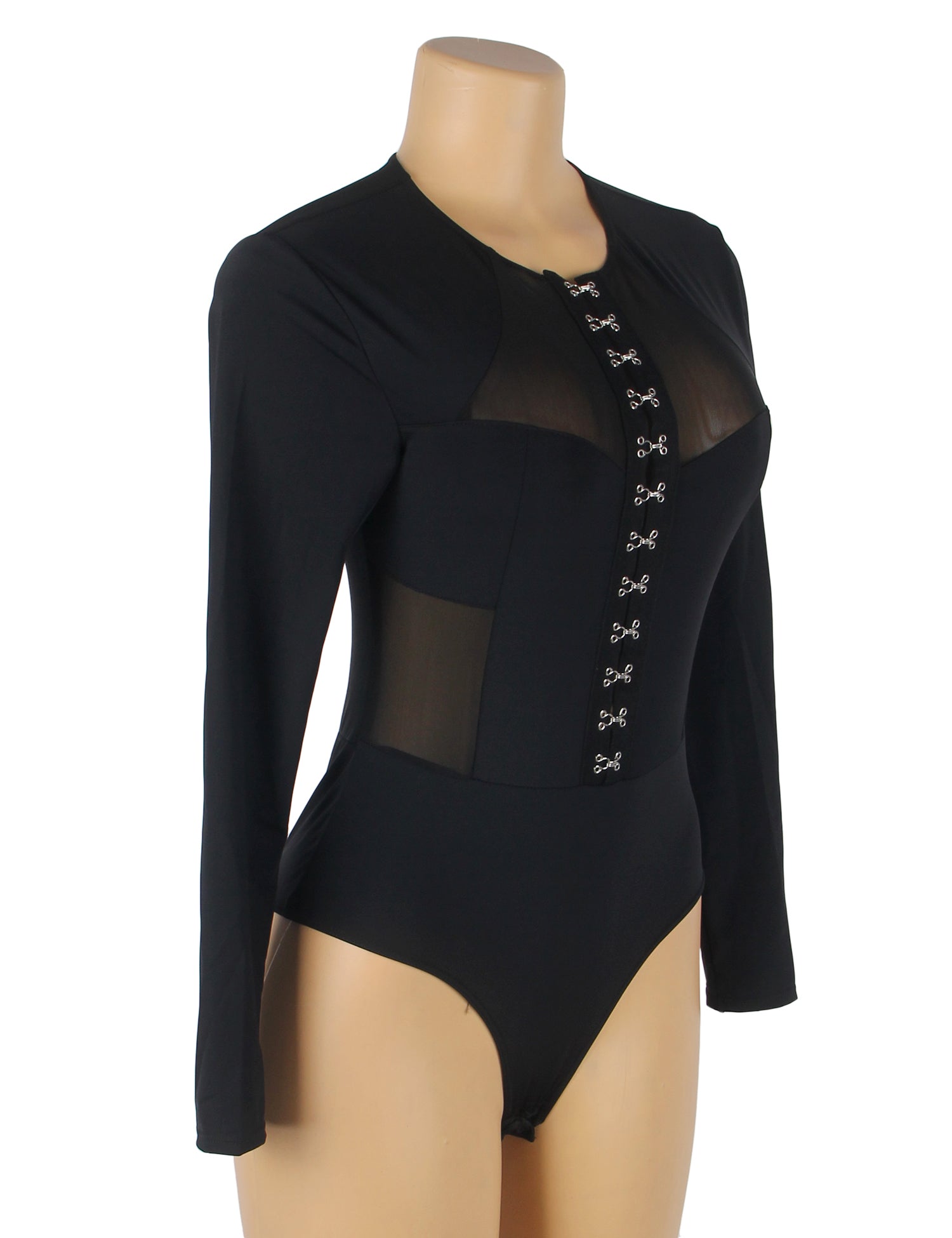 Hook Buckles Long Sleeve Slim Mesh Bodysuit