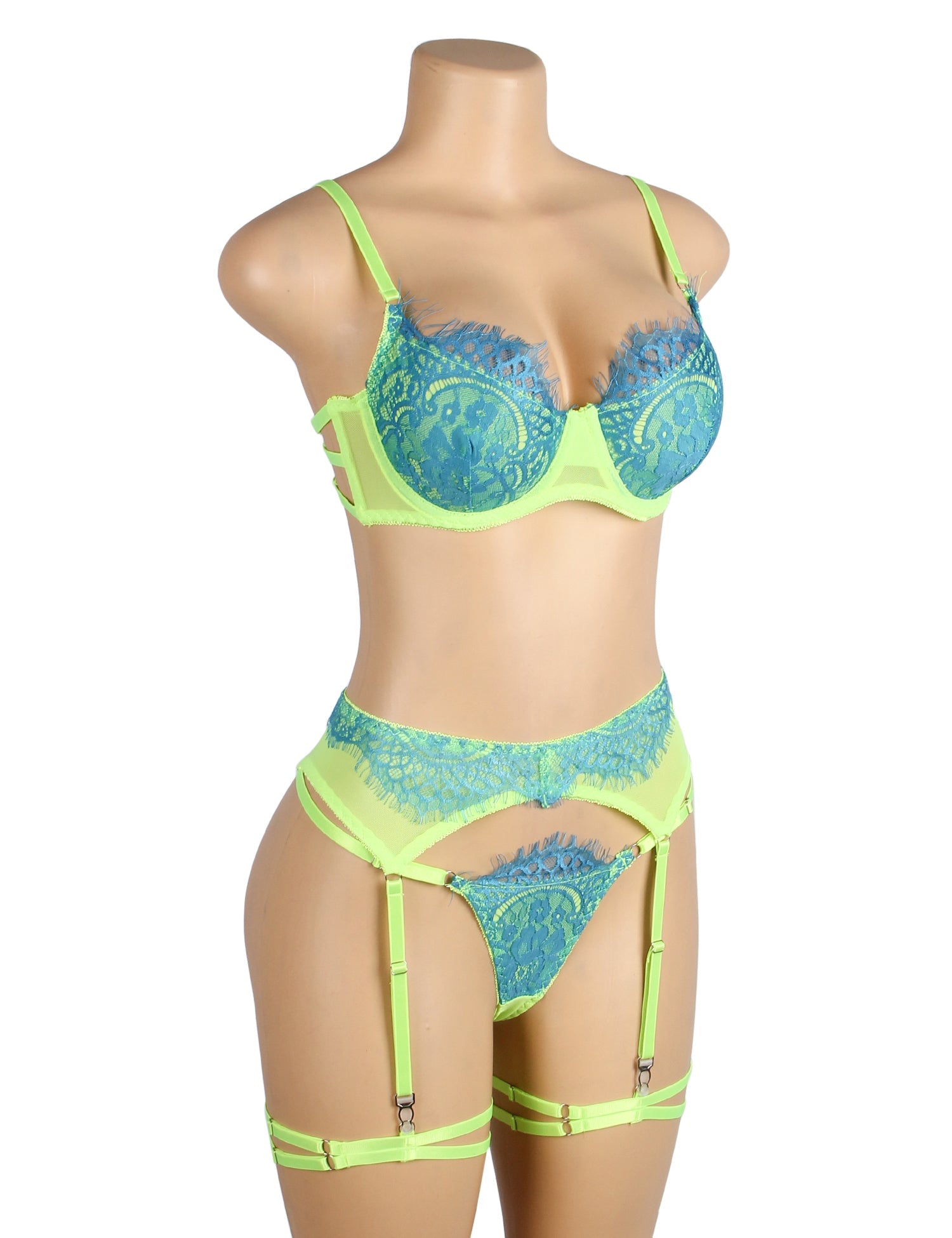 Ensemble soutien-gorge et soutien-gorge en dentelle verte à cils.