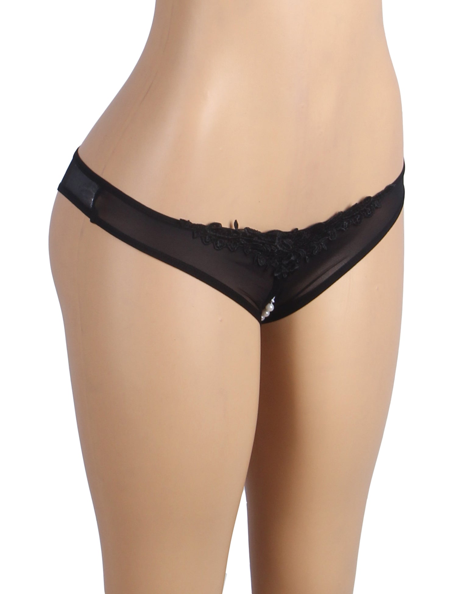 Black Sexy Imitation Pearl Crotchless Panties For Women