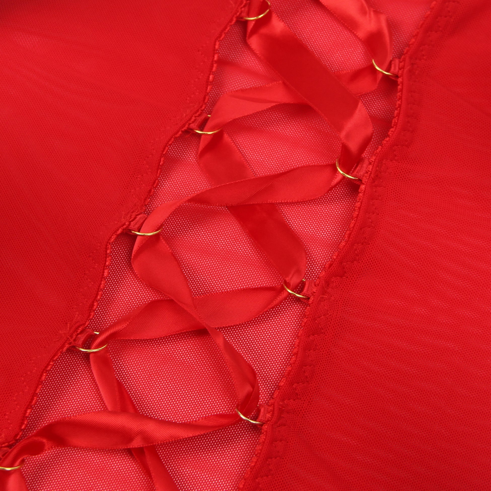 Red Sexy Mesh Strappy Lingerie With A Lace-Up Back