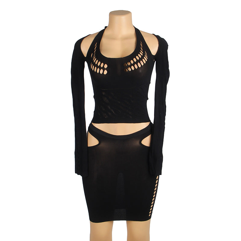 Black Sexy Long Sleeves Hollow Cut Bodystocking Set