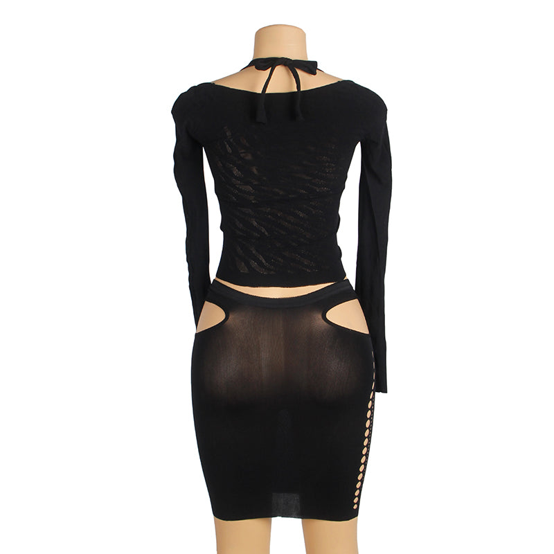 Black Sexy Long Sleeves Hollow Cut Bodystocking Set