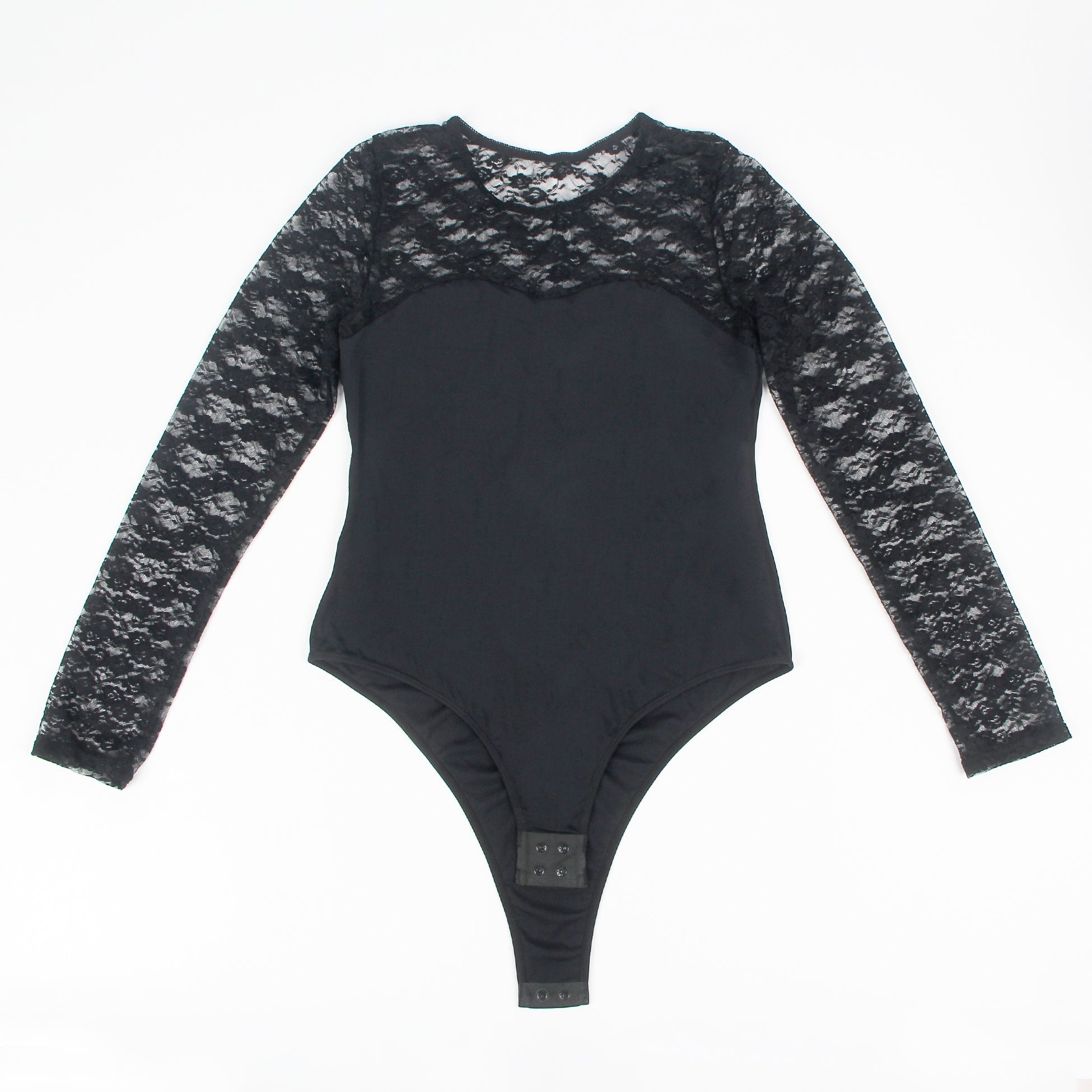 Long Sleeve Openable Crotch Lace Black Bodysuit