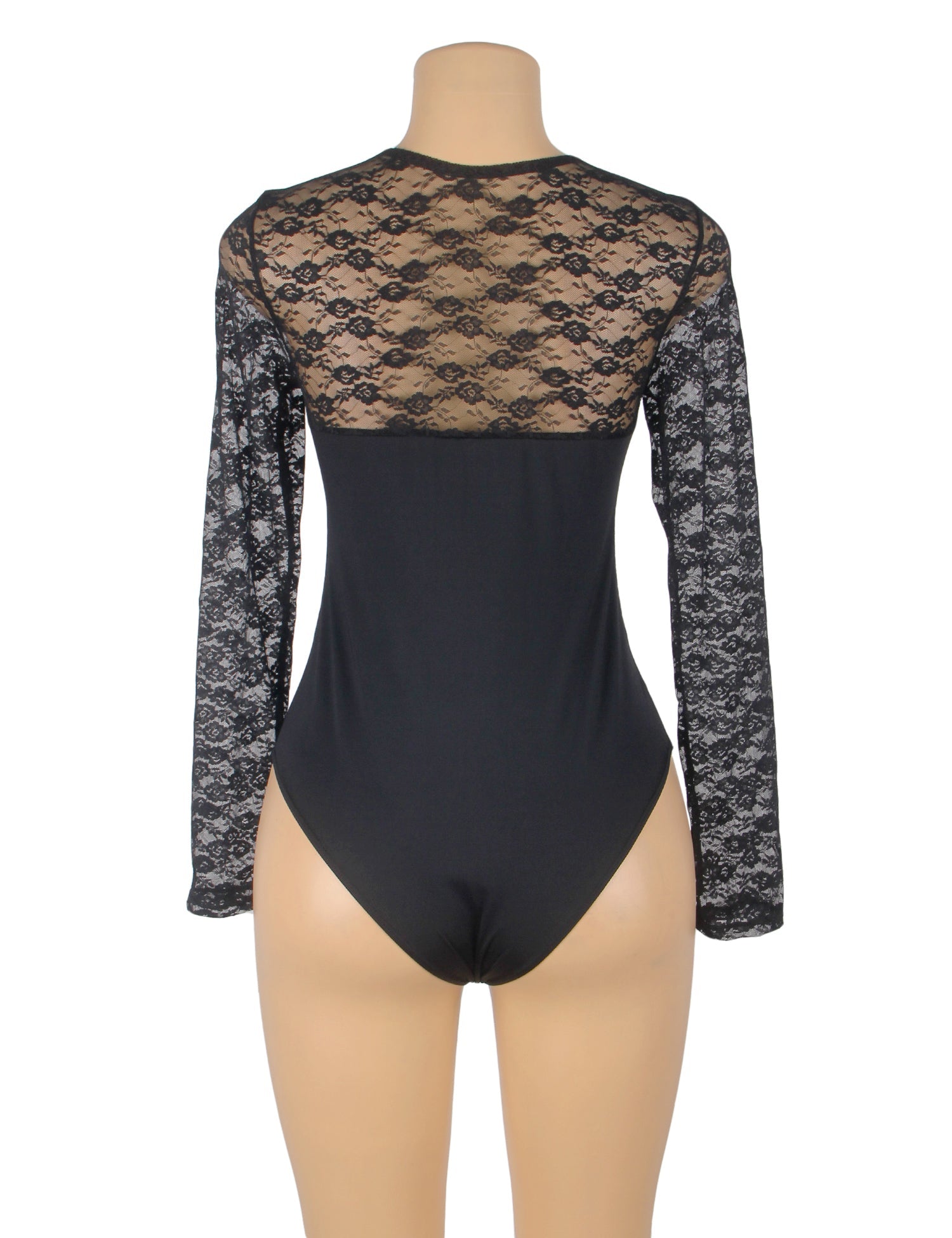 Long Sleeve Openable Crotch Lace Black Bodysuit