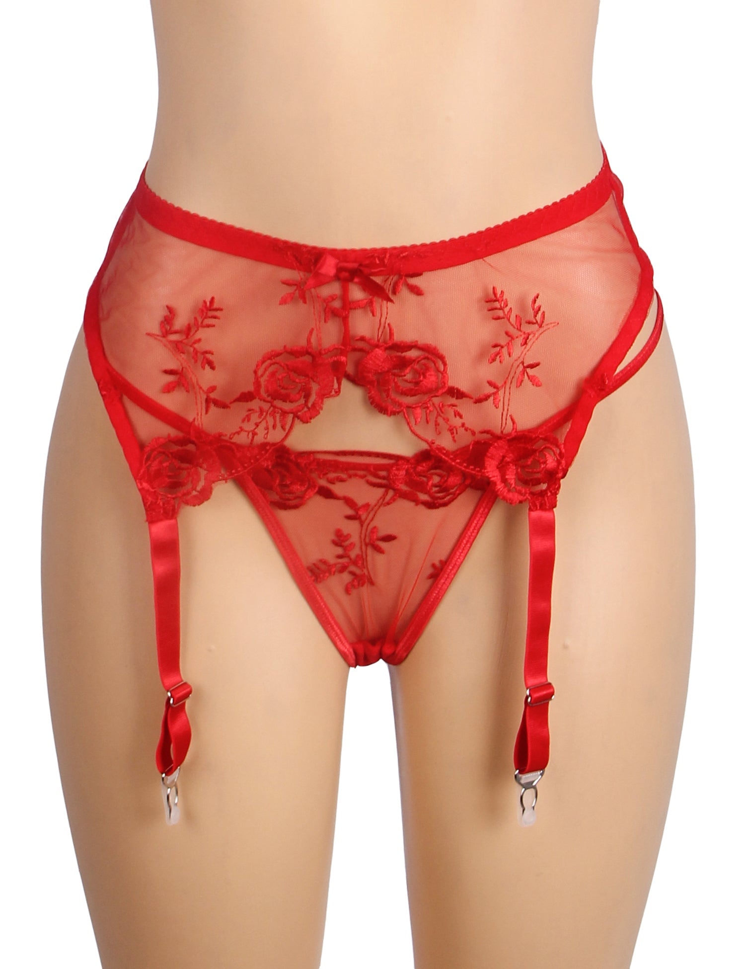 Culotte porte-jarretelles en dentelle brodée rouge sexy