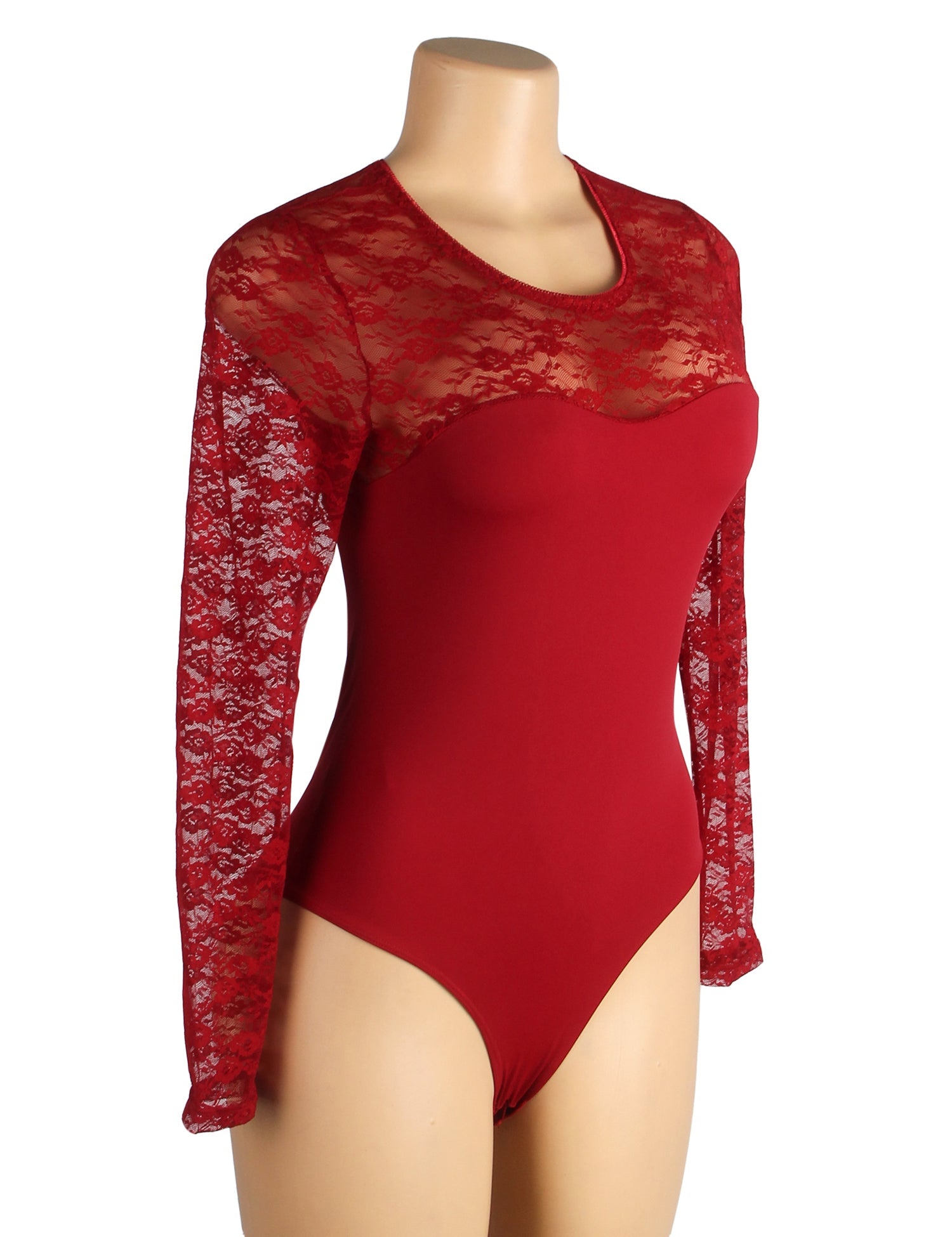 body bordeaux en dentelle à manches longues et entrejambe ouverte