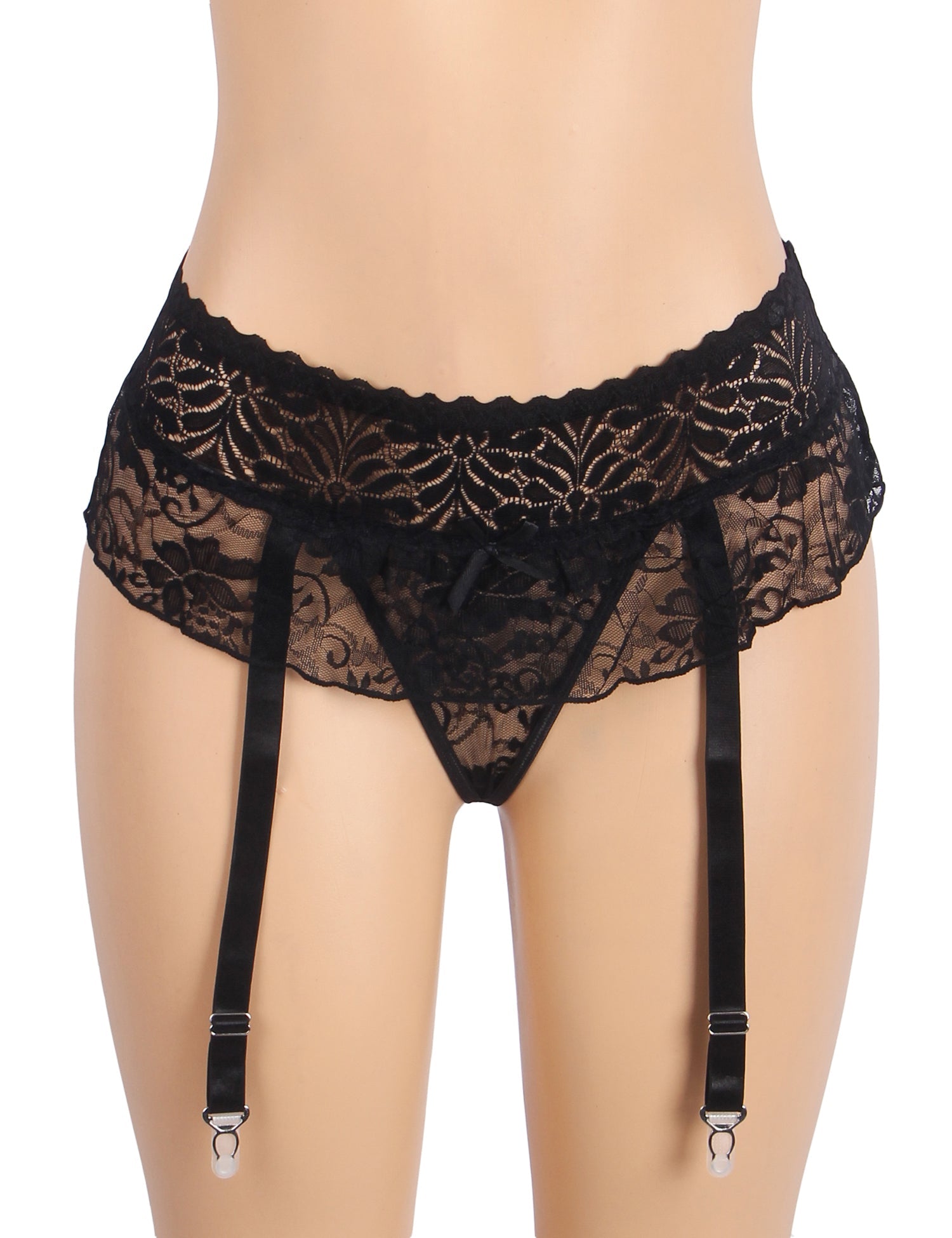 Culotte porte-jarretelles en dentelle noire sexy avec boucles métalliques