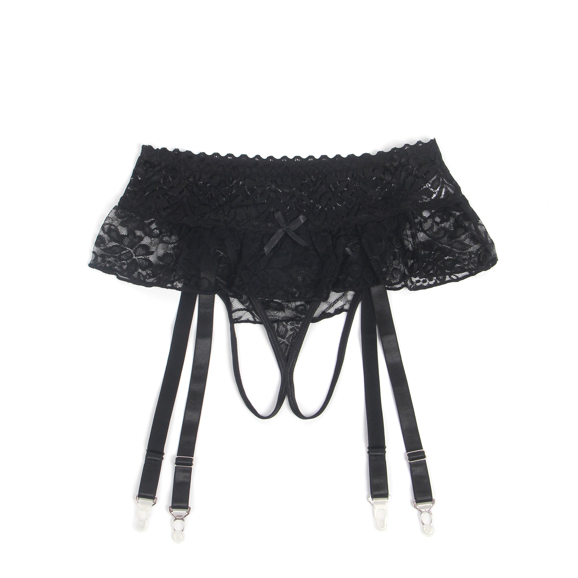 Culotte porte-jarretelles en dentelle noire sexy avec boucles métalliques