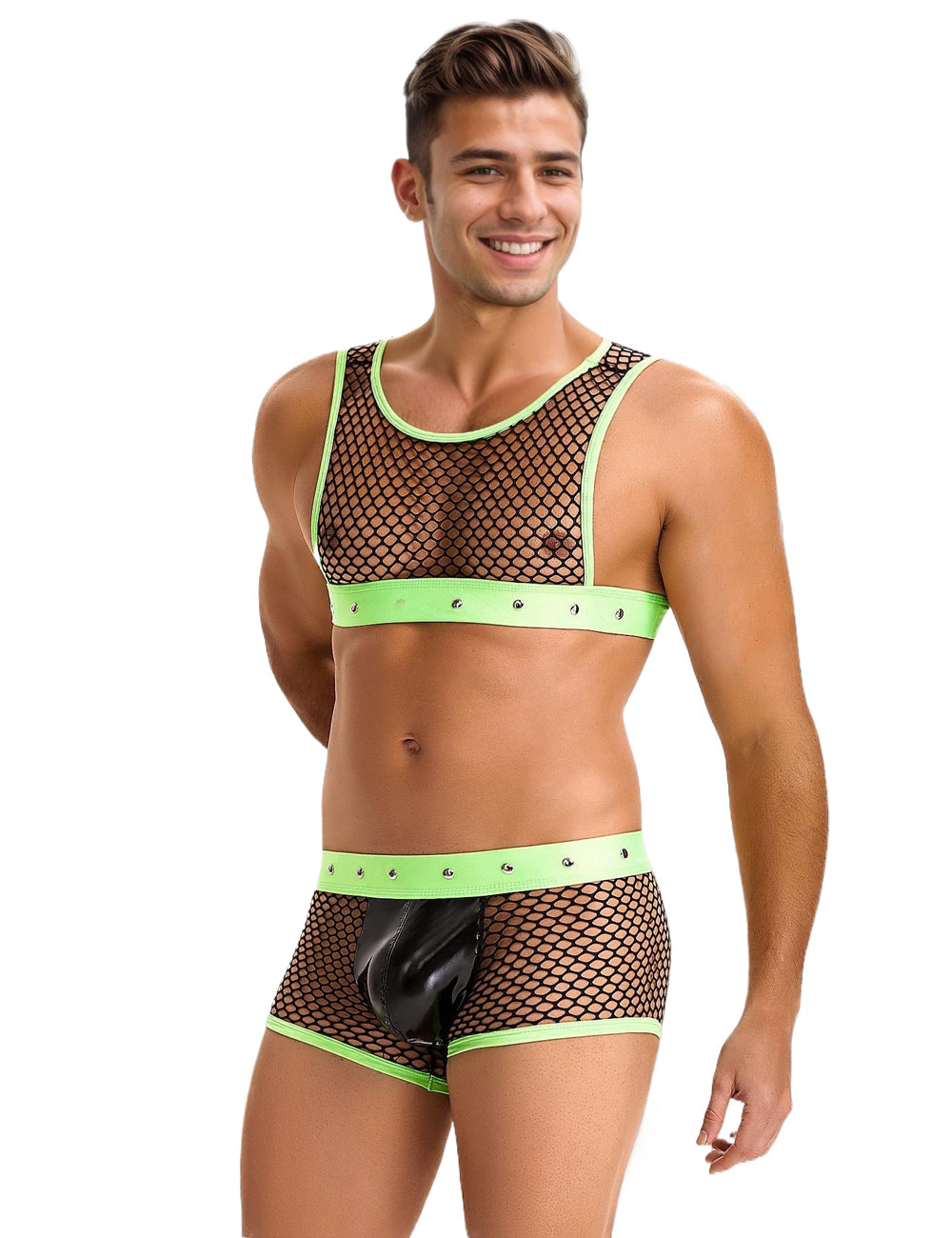 Green Men Sexy Fishnet See Through Lingerie Set