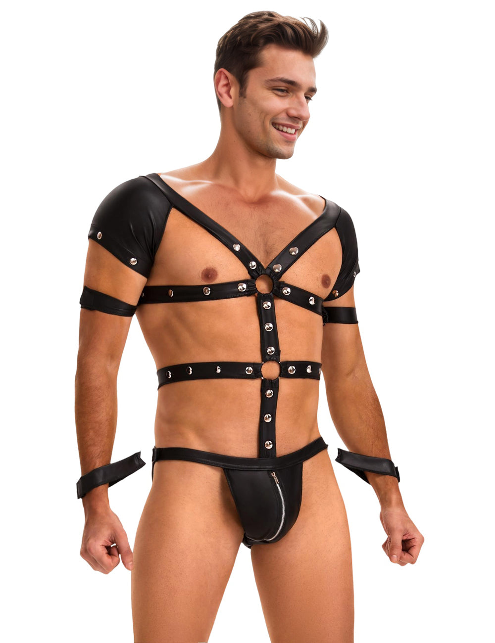Black Sexy Faux Leather Harness Zipper Men Bodysuit Lingerie