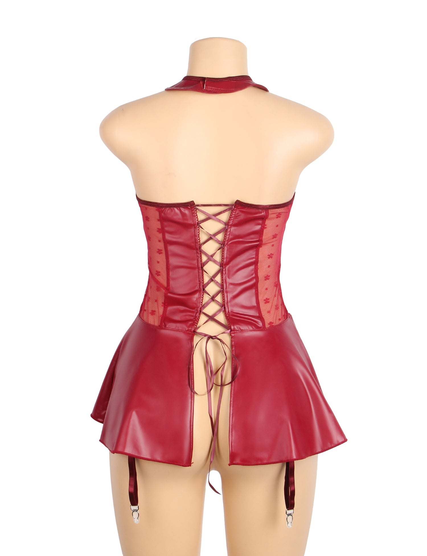 Rotes Neckholder-Dessous aus PU-Leder mit Spitze, sexy Strumpfband
