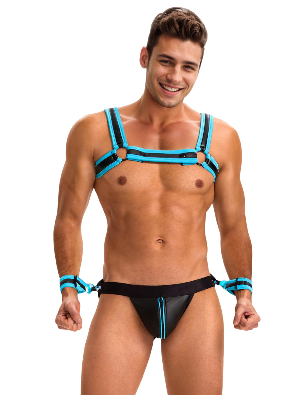 Blue Men Sexy PU Leather Harness Zipper Underwear Set