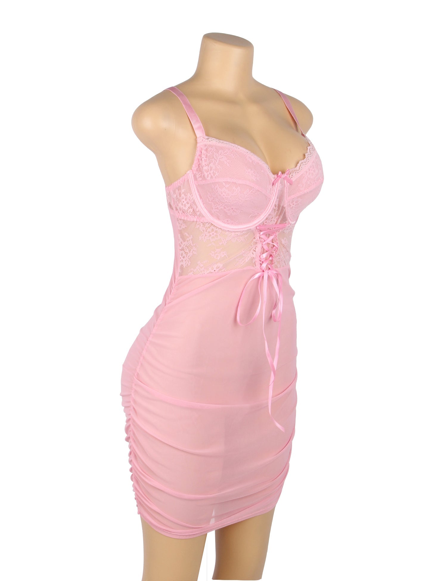 Pink Lace Mesh Sexy Push Up Suspenders Nightdress
