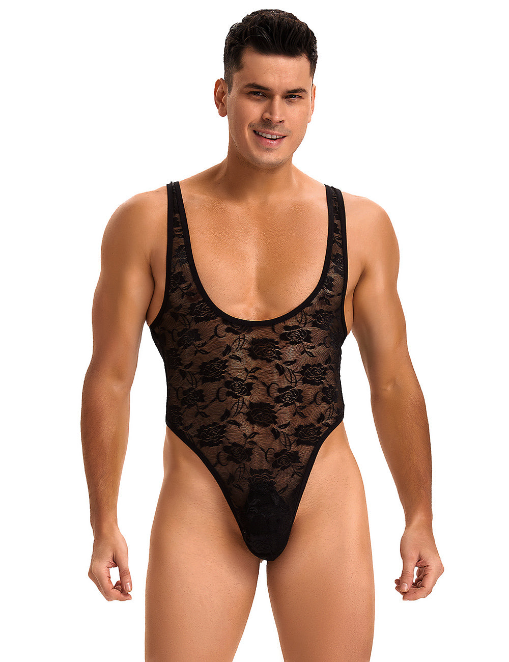 Black Men Sexy Low Cut Lace Bodysuit