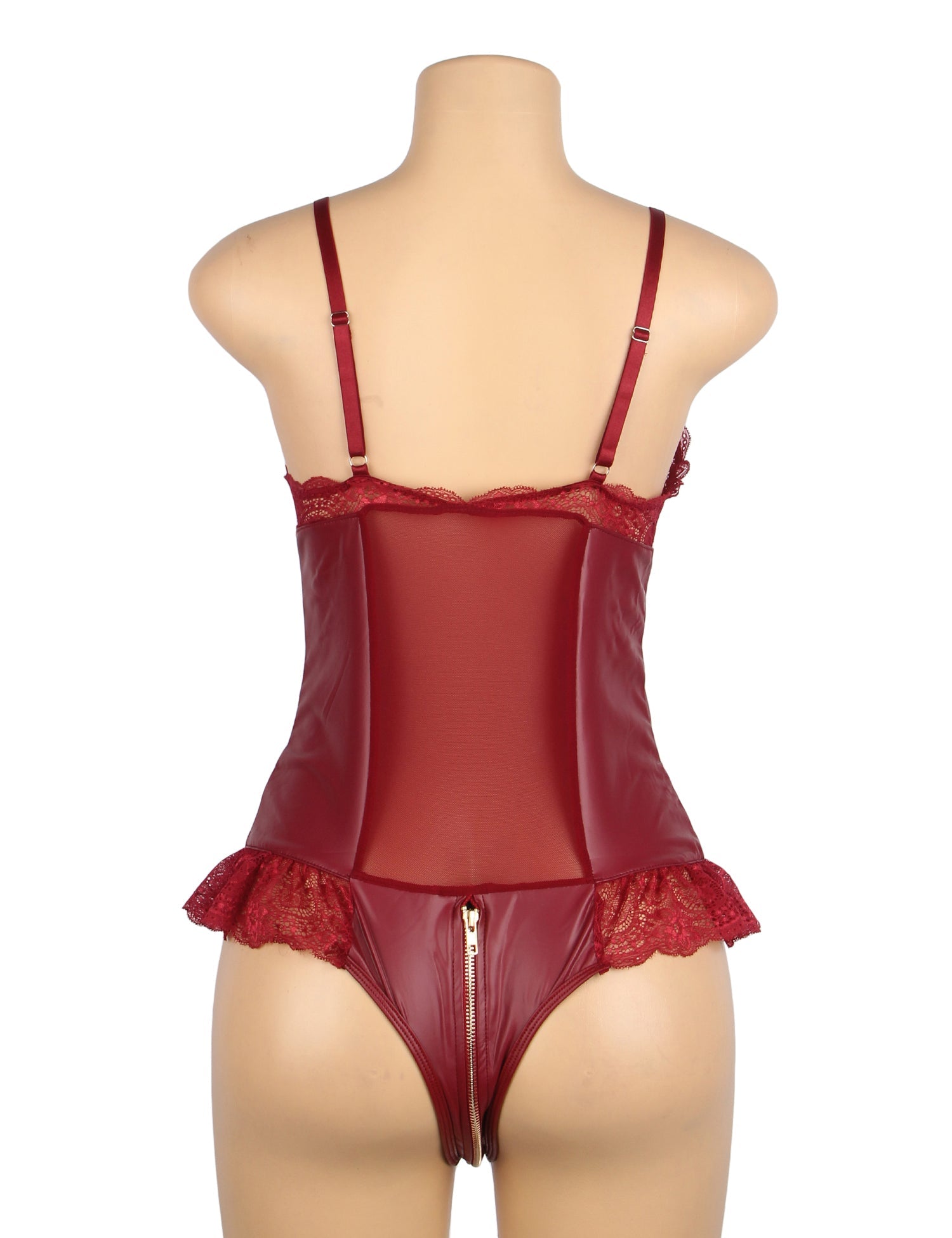 Burgundy	 Sexy PU Leather Lace Zipper Bodysuit