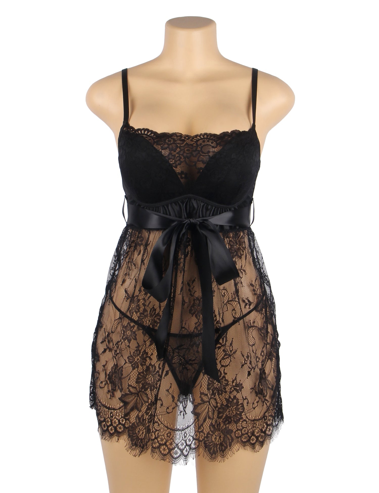 Black Eyelash Lace Sexy Push Up Suspenders Nightdress