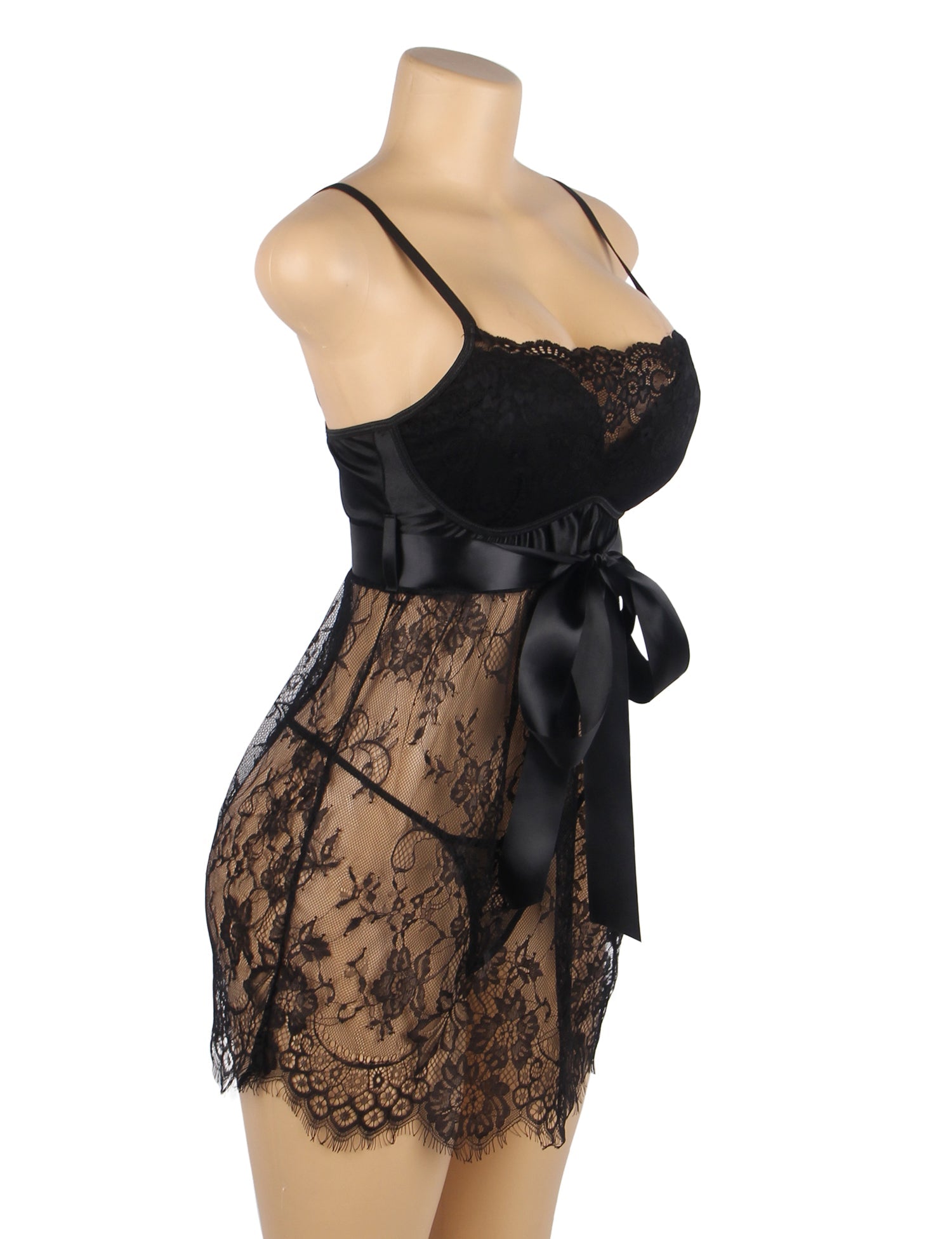 Black Eyelash Lace Sexy Push Up Suspenders Nightdress