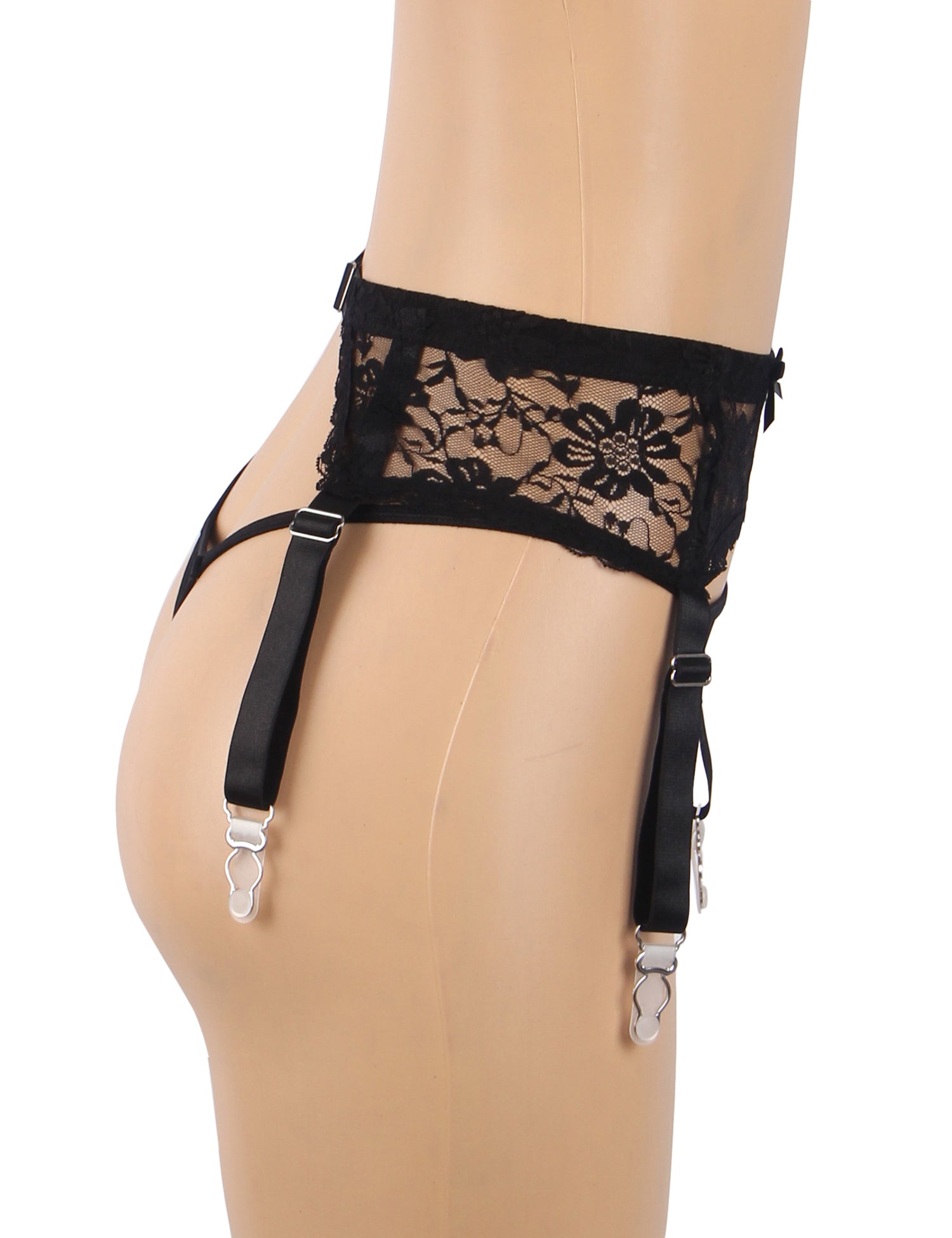 Schwarzer, sexy Strumpfhalter aus Spitze mit Metallclips