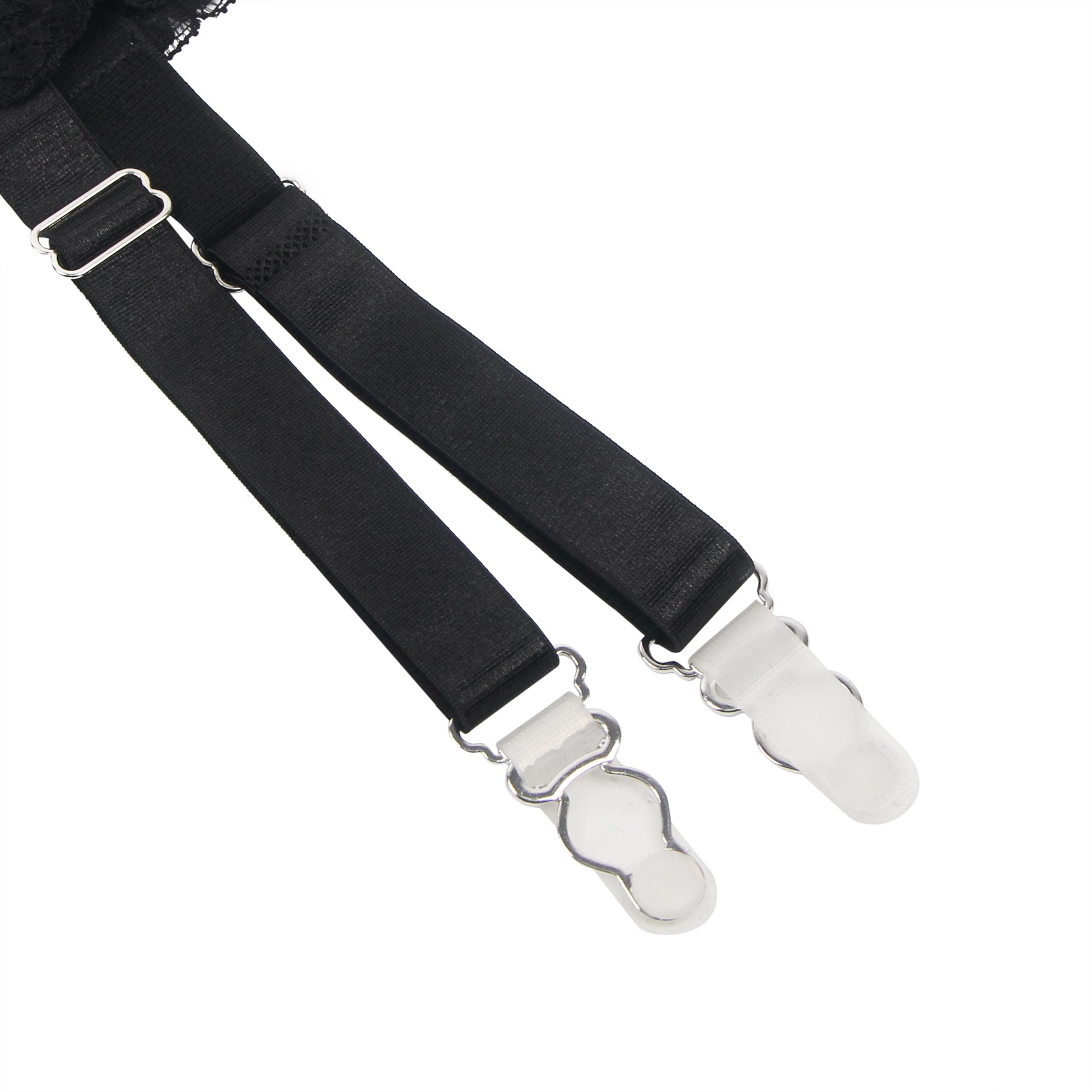 Schwarzer, sexy Strumpfhalter aus Spitze mit Metallclips