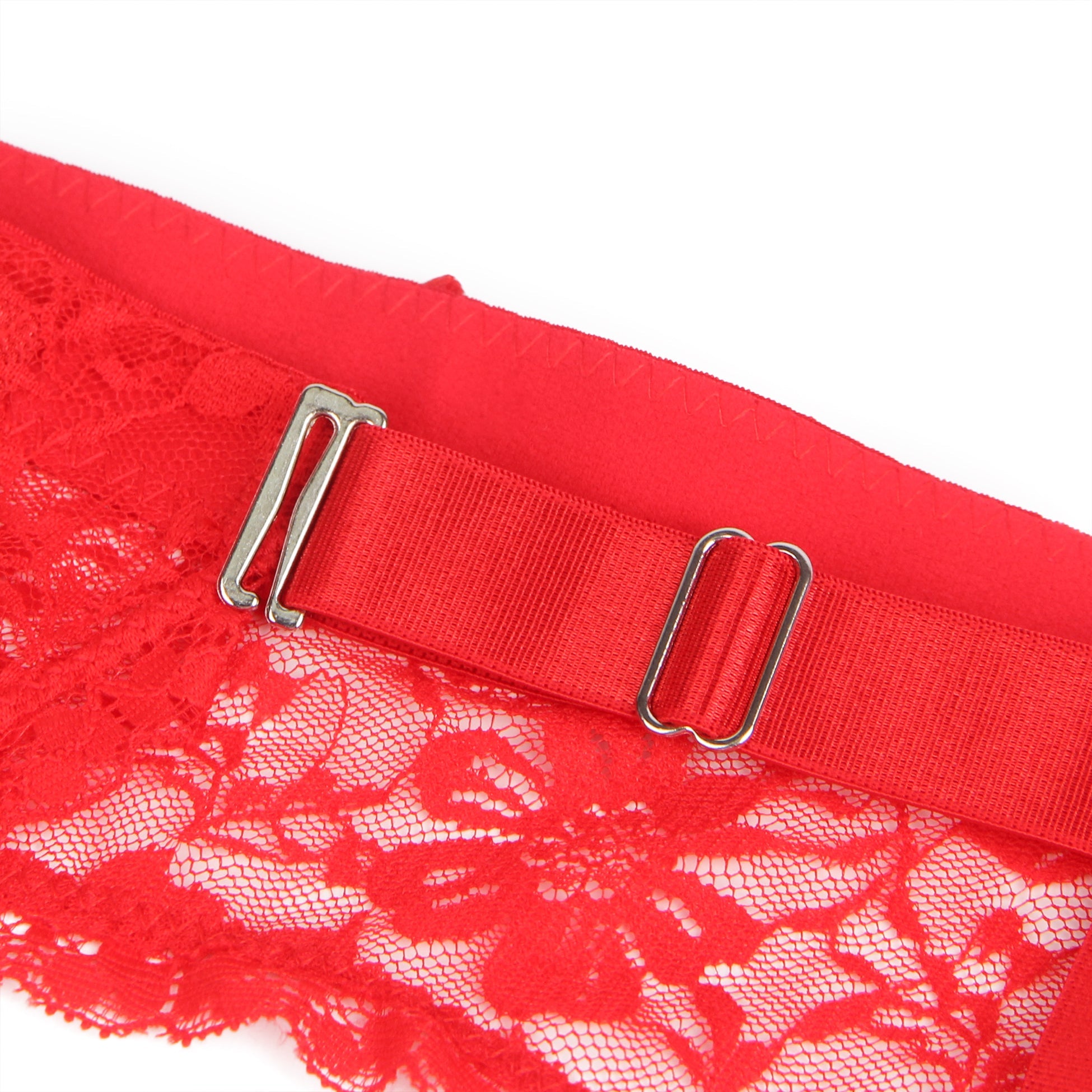 Roter, sexy Strumpfhalter aus Spitze mit Metallclips