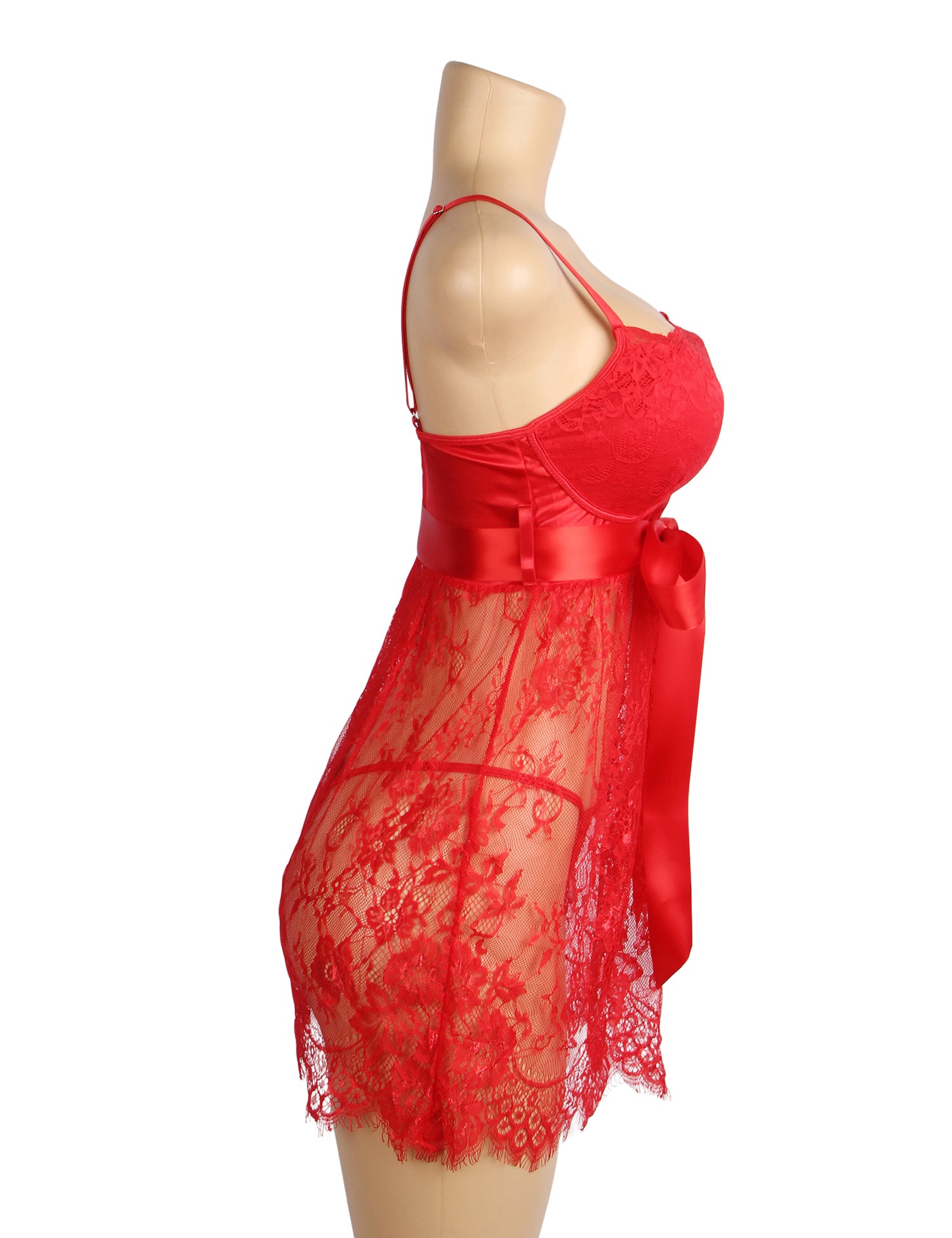 Red Eyelash Lace Sexy Push Up Suspenders Nightdress