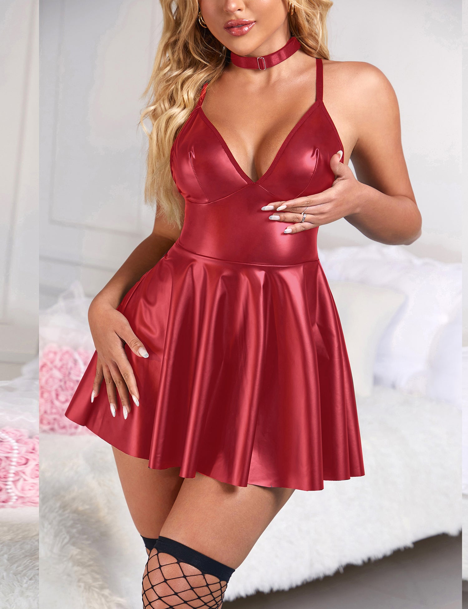Burgundy PU leather Suspender Sexy Nightdress