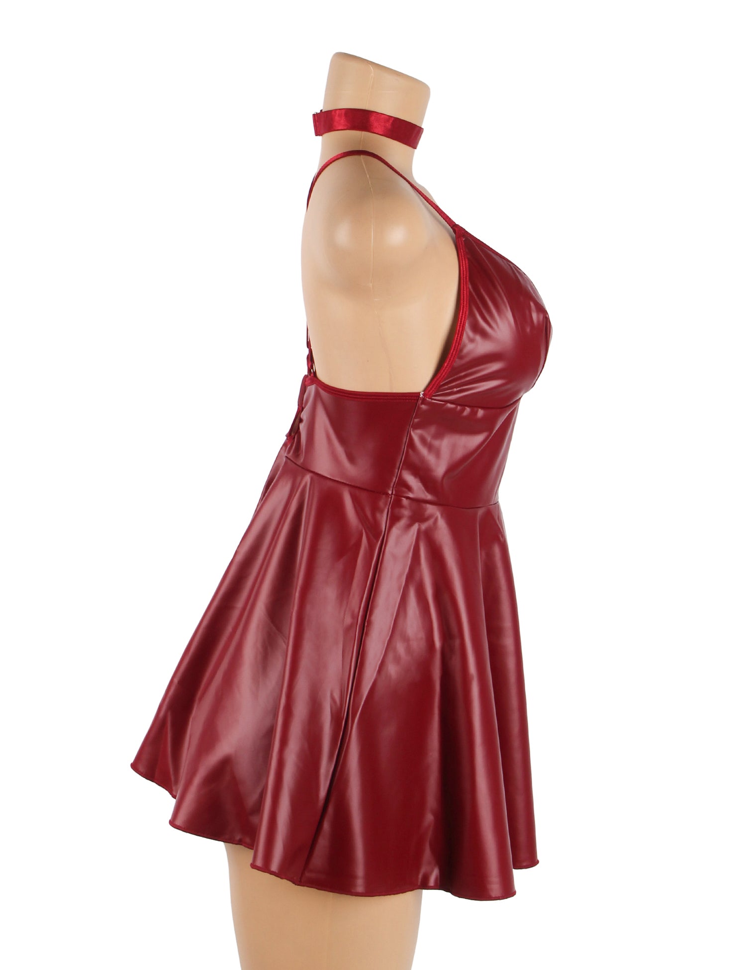 Burgunderfarbenes, sexy Nachthemd aus PU-Leder mit Strumpfhaltern