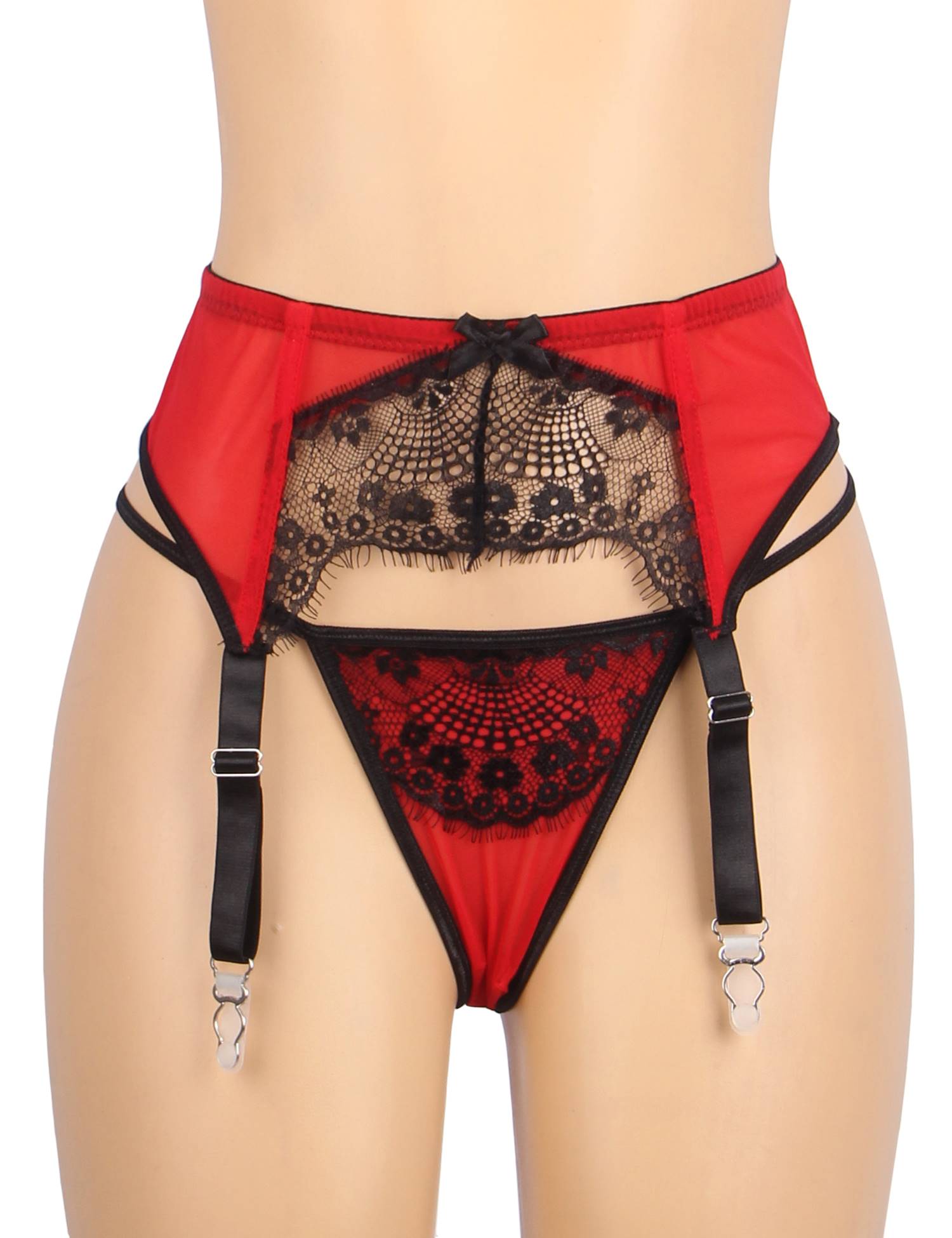 Culotte porte-jarretelles rouge sexy en dentelle à cils avec clips métalliques