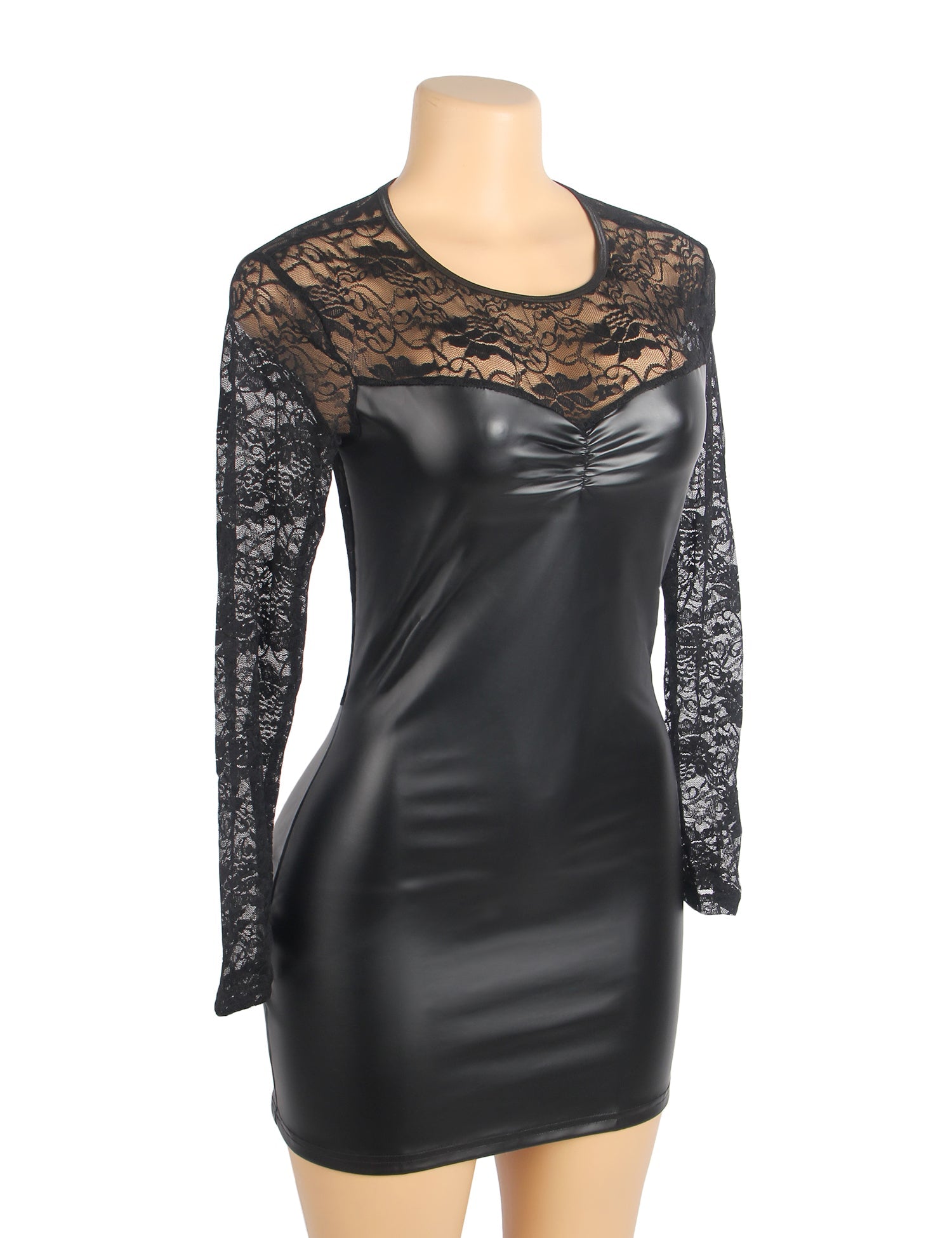 Schwarzes, langärmeliges, sexy Nachthemd aus PU-Leder mit Spitze