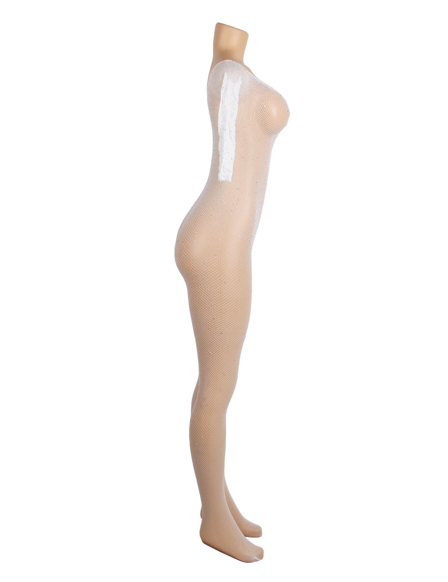 Weißer Netzbody mit Diamanten und langen Ärmeln