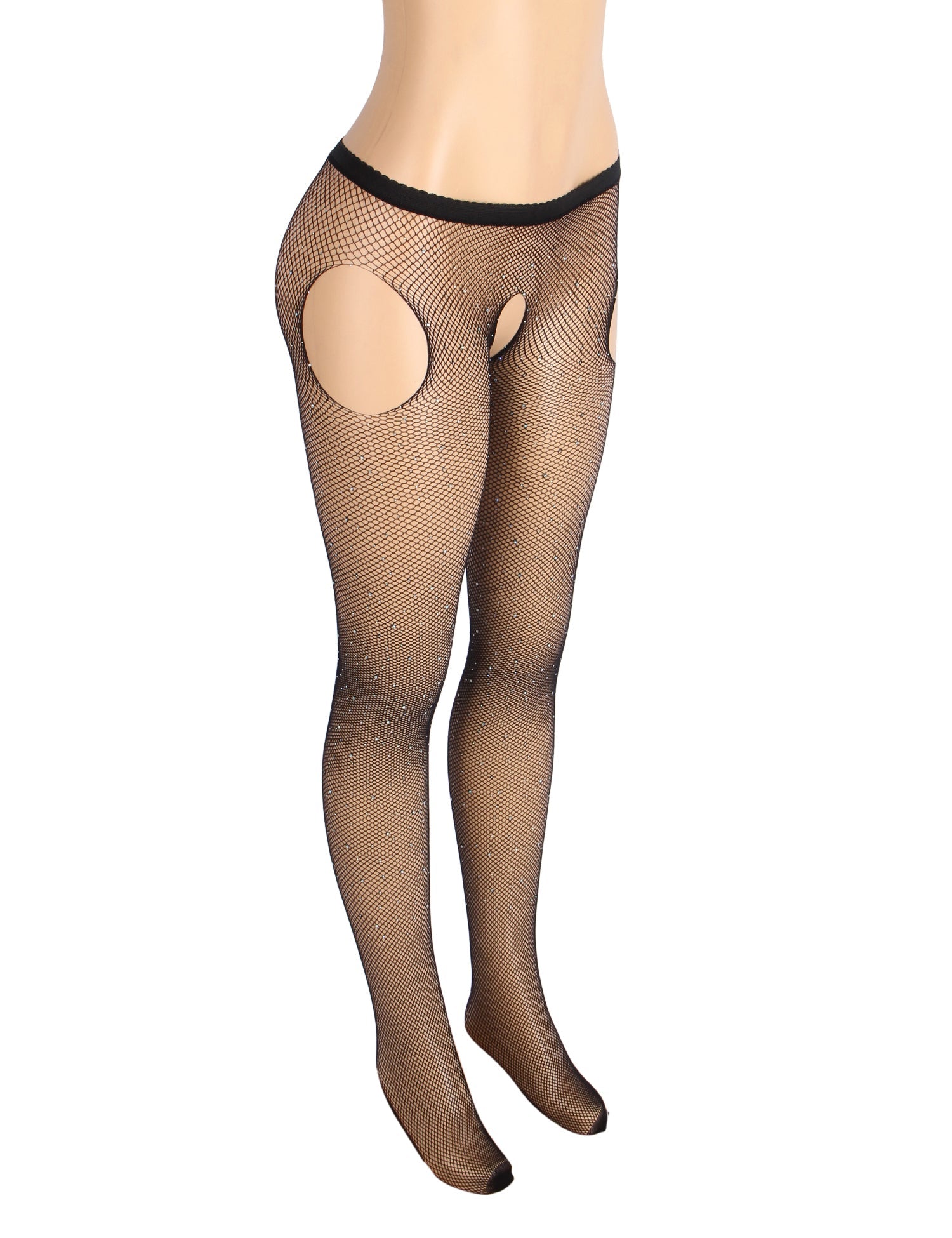 Black Sexy Rhinestone Crotchless Fishnet Pantyhose