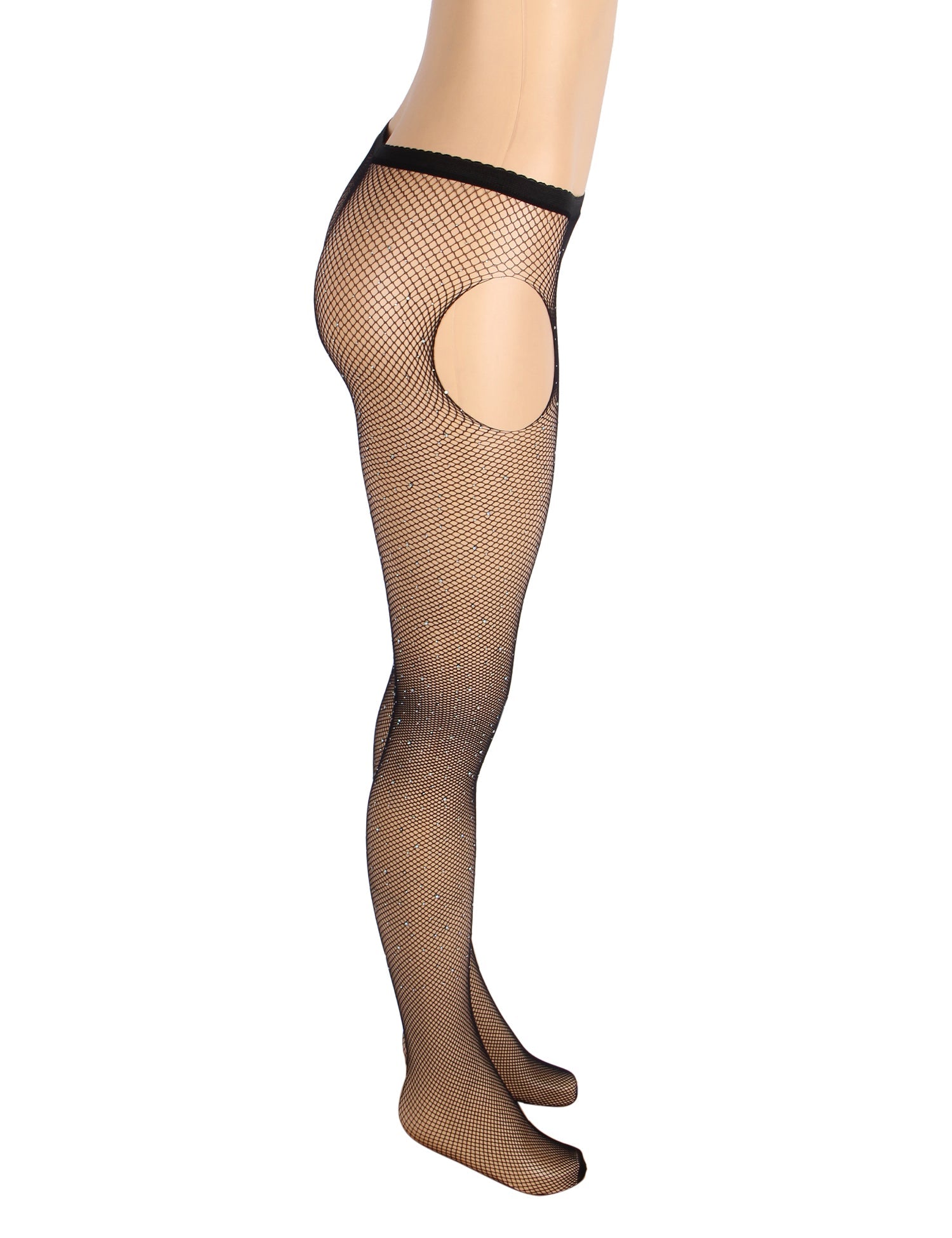 Black Sexy Rhinestone Crotchless Fishnet Pantyhose