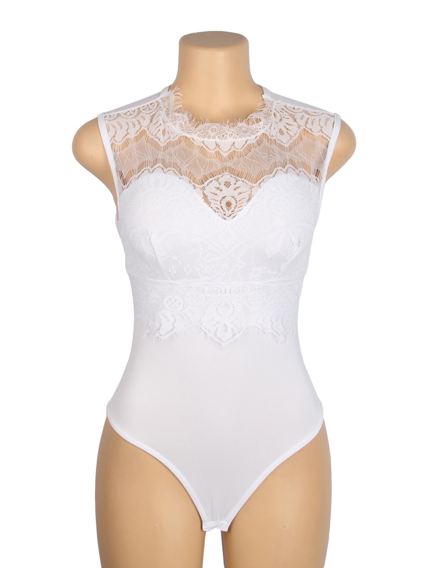 Weißer, sexy ärmelloser Body mit Wimpernspitze und offenem Schritt