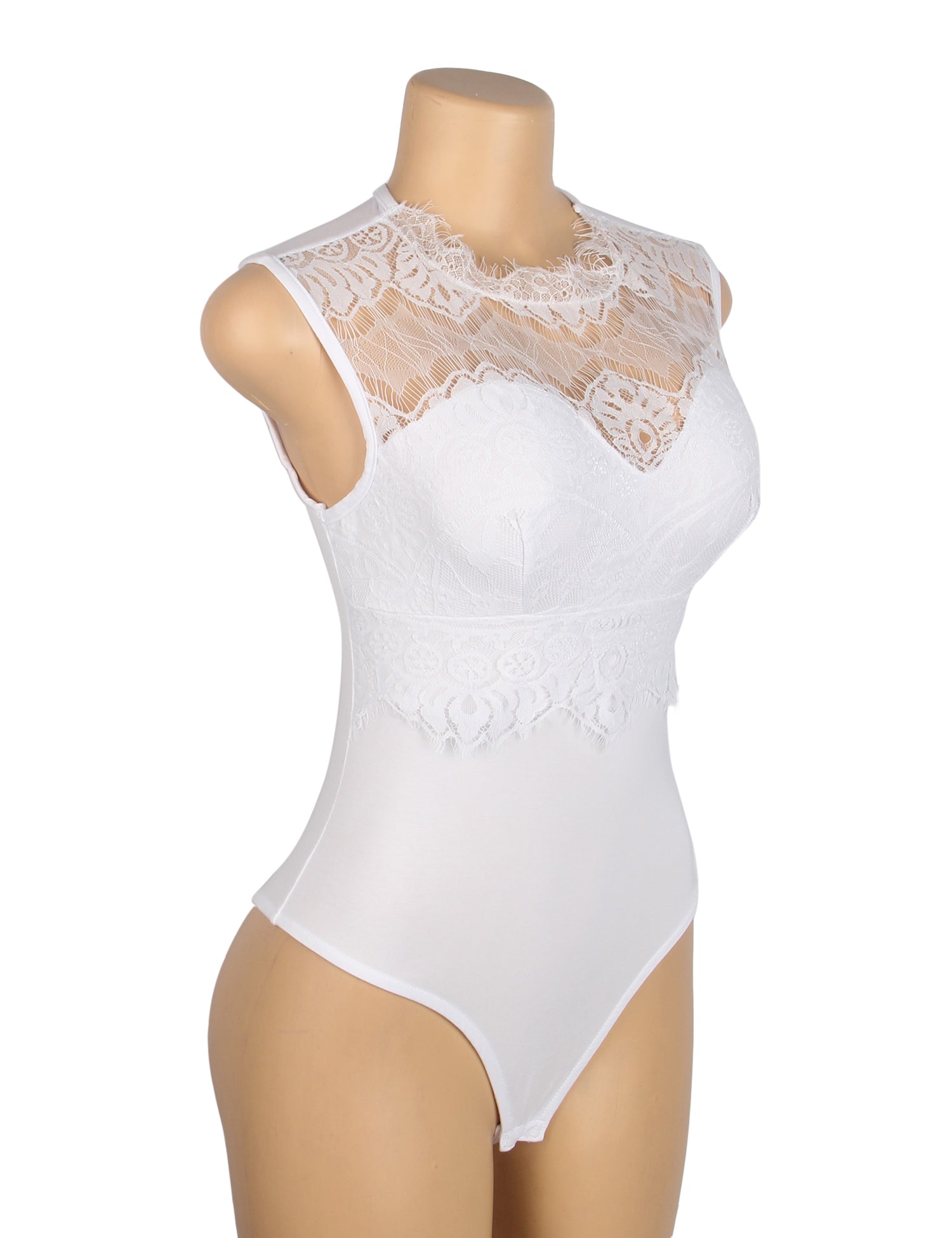 Weißer, sexy ärmelloser Body mit Wimpernspitze und offenem Schritt