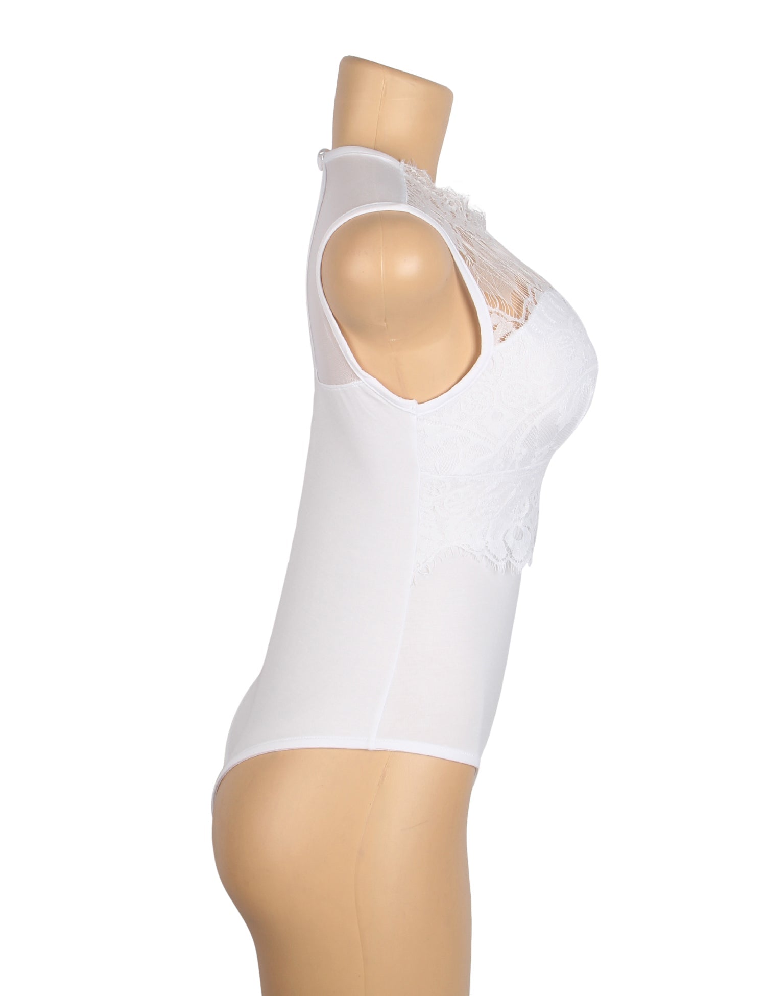 Weißer, sexy ärmelloser Body mit Wimpernspitze und offenem Schritt