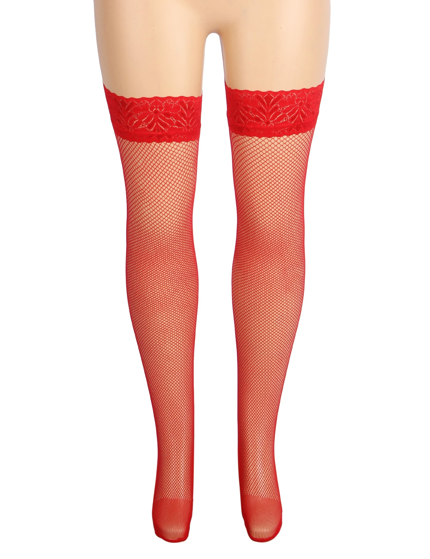 Red Fishnets Thigh High Stockings Silicone Lace Top Stay Up Sheer Hosiery