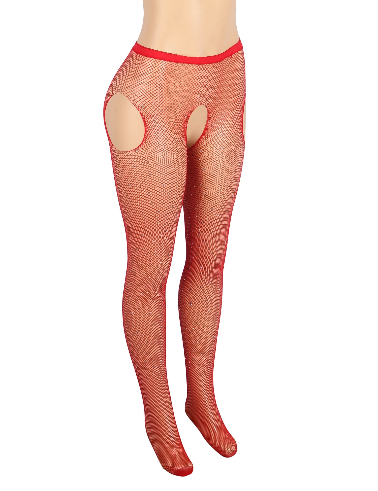 Red Sexy Rhinestone Crotchless Fishnet Pantyhose