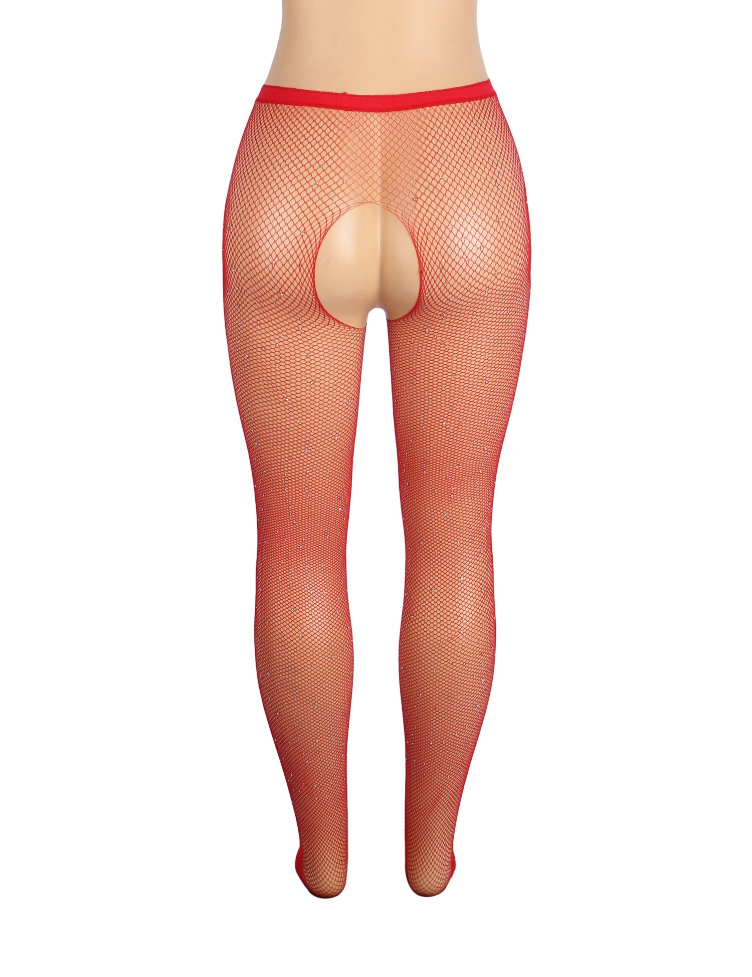 Red Sexy Rhinestone Crotchless Fishnet Pantyhose