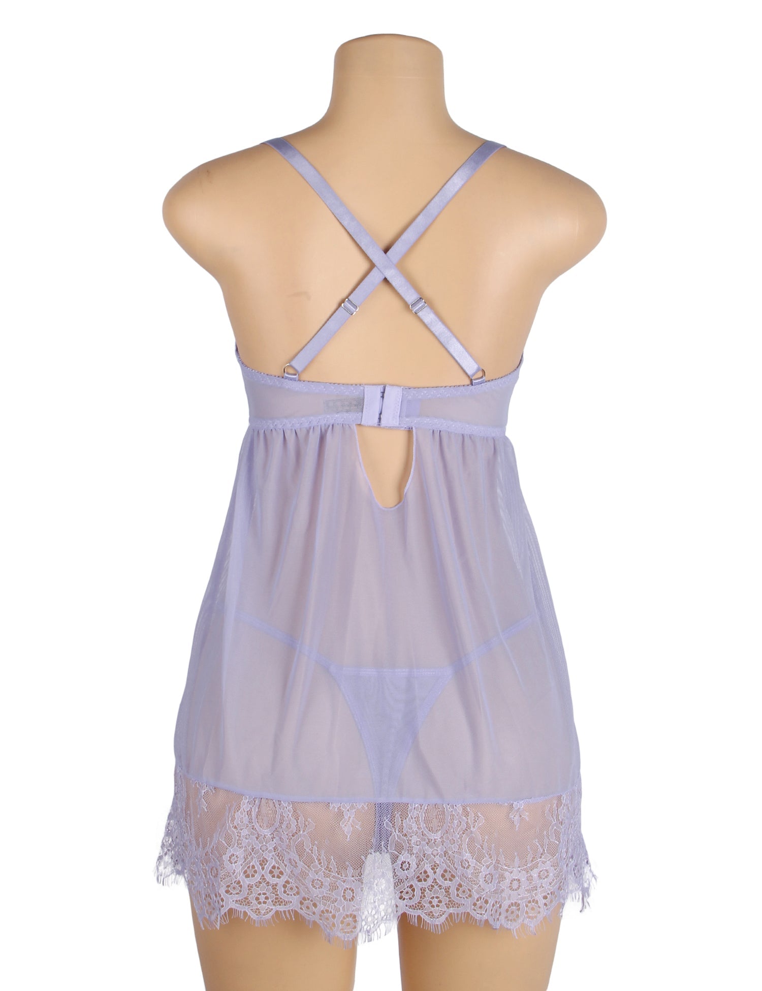 Purple Sexy Eyelash Lace Mesh Cross Straps Push Up Nightdress