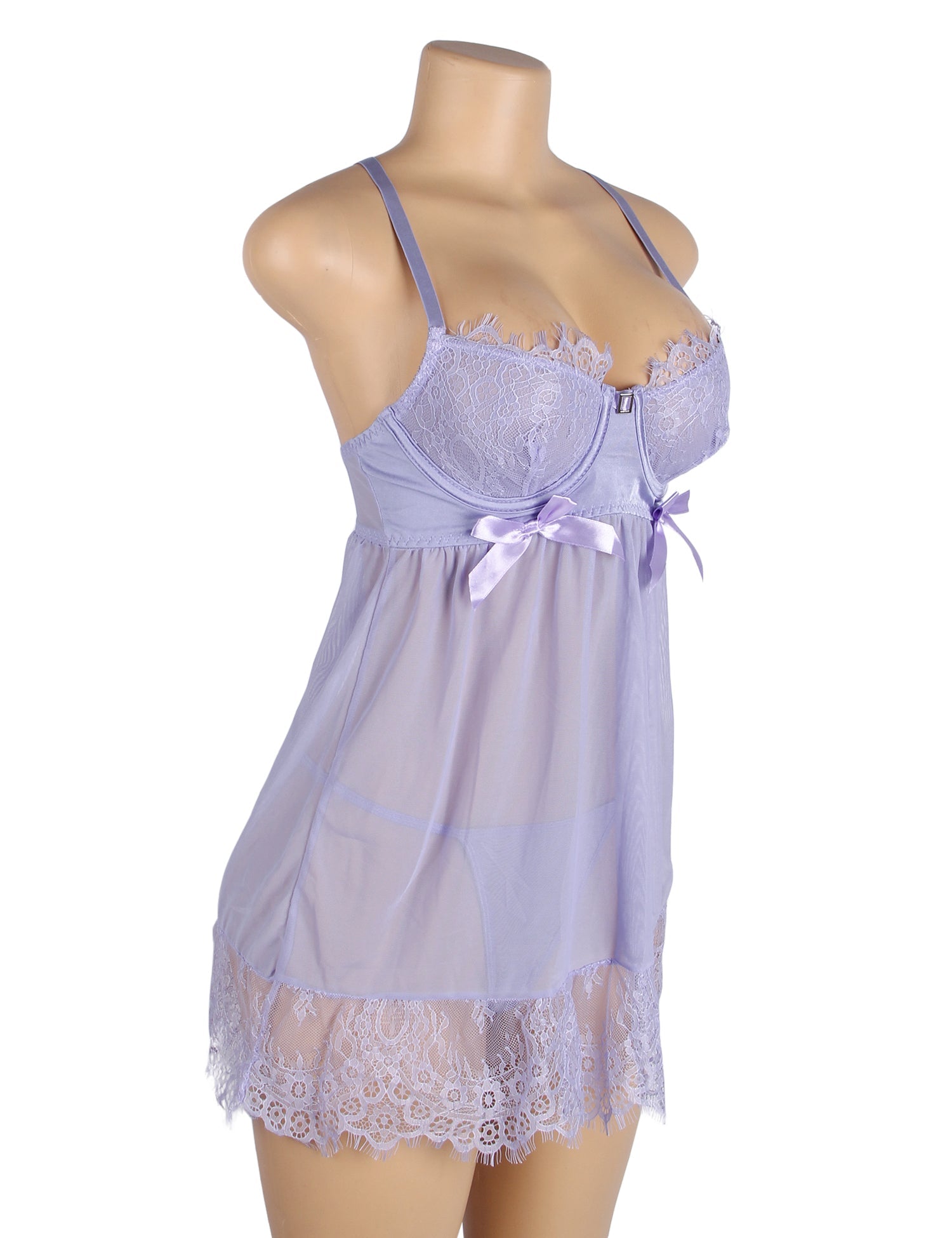 Purple Sexy Eyelash Lace Mesh Cross Straps Push Up Nightdress