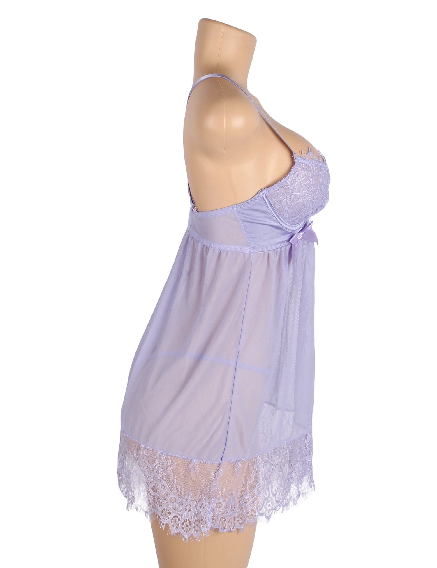 Purple Sexy Eyelash Lace Mesh Cross Straps Push Up Nightdress