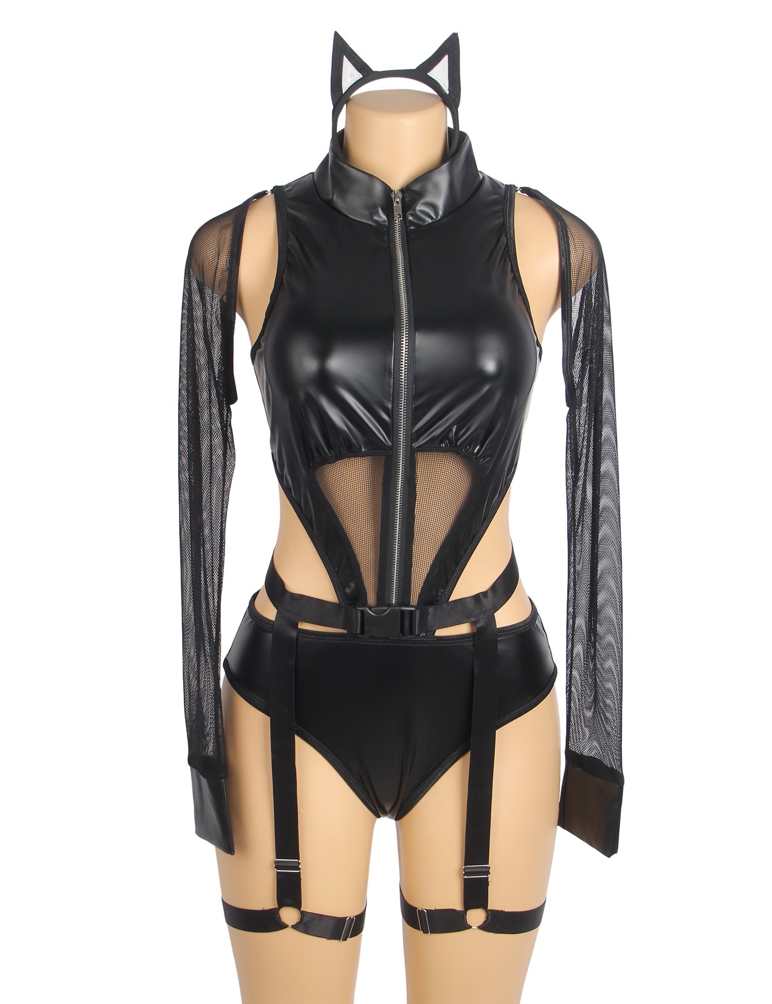 Body sexy noir en similicuir PU à manches longues et fermeture éclair.