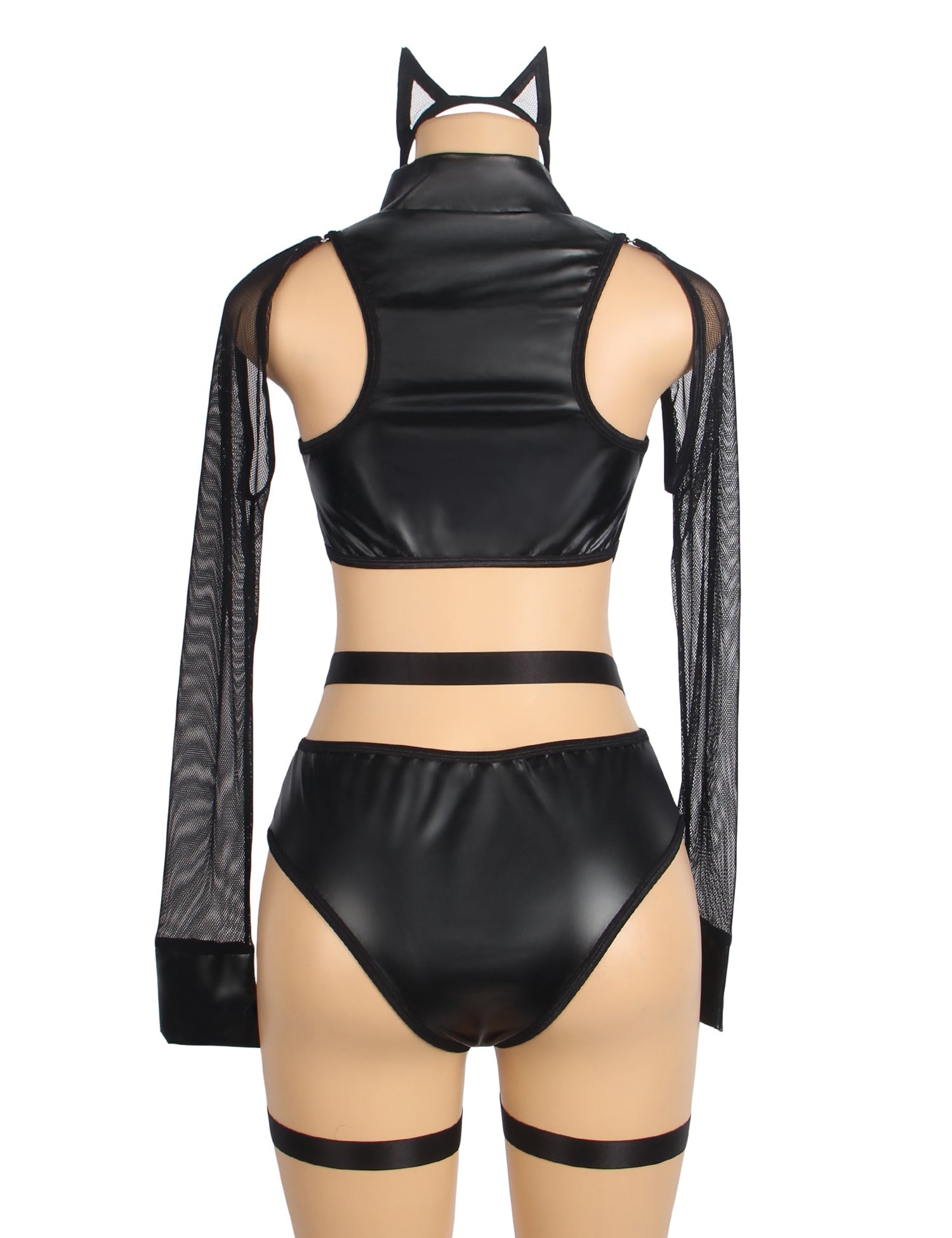 Body sexy noir en similicuir PU à manches longues et fermeture éclair.