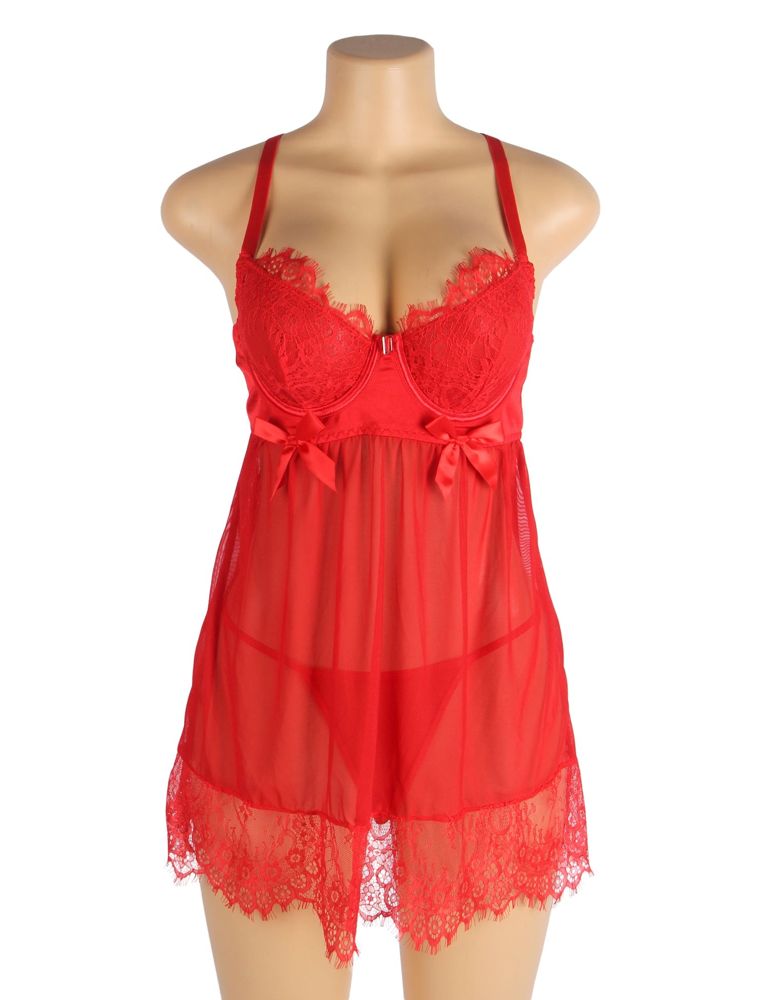 Red Sexy Eyelash Lace Mesh Cross Straps Push Up Nightdress