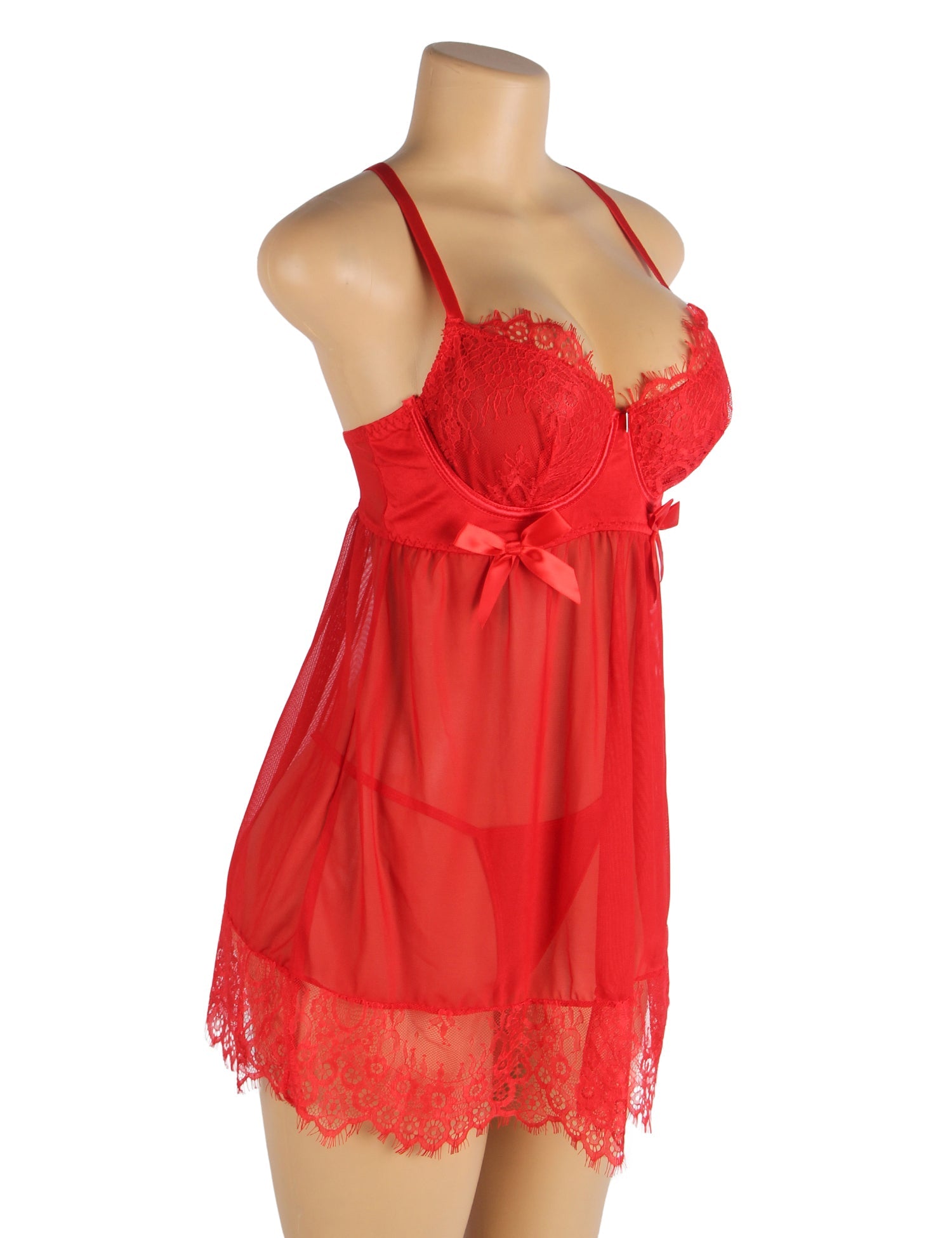 Red Sexy Eyelash Lace Mesh Cross Straps Push Up Nightdress
