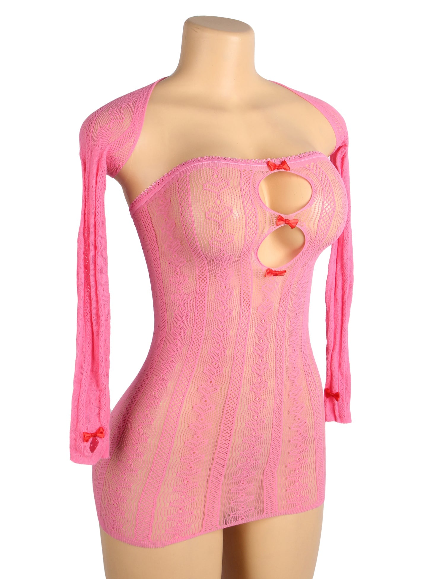 Pink Sexy Long Sleeves Hollow Out Bow Bodystocking