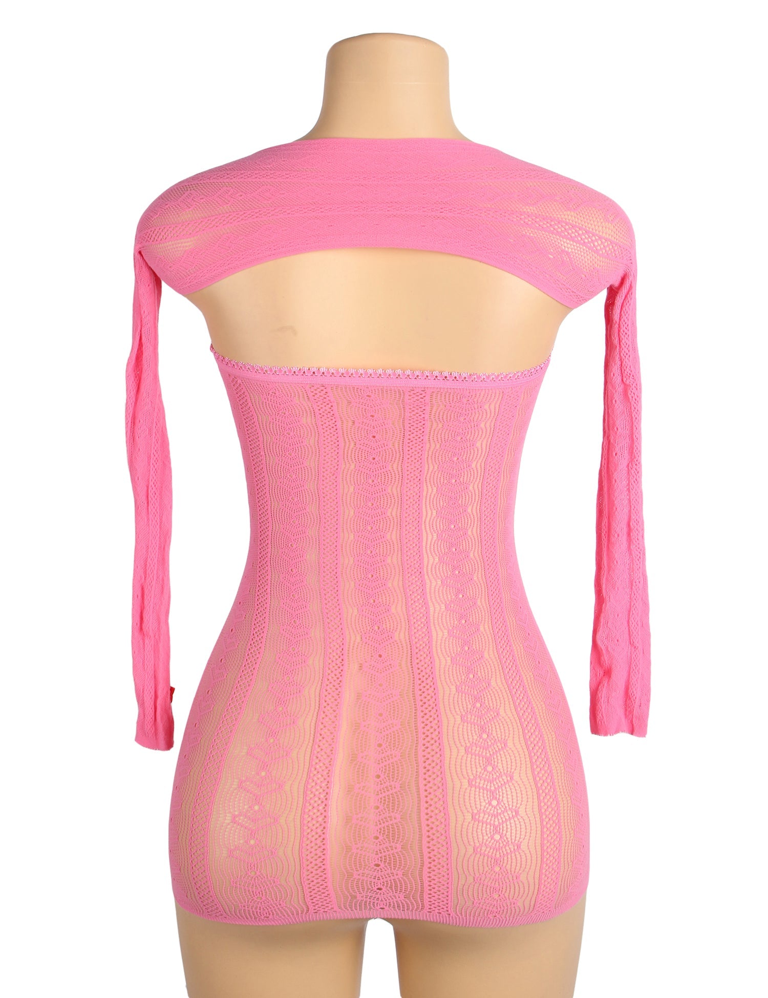 Pink Sexy Long Sleeves Hollow Out Bow Bodystocking