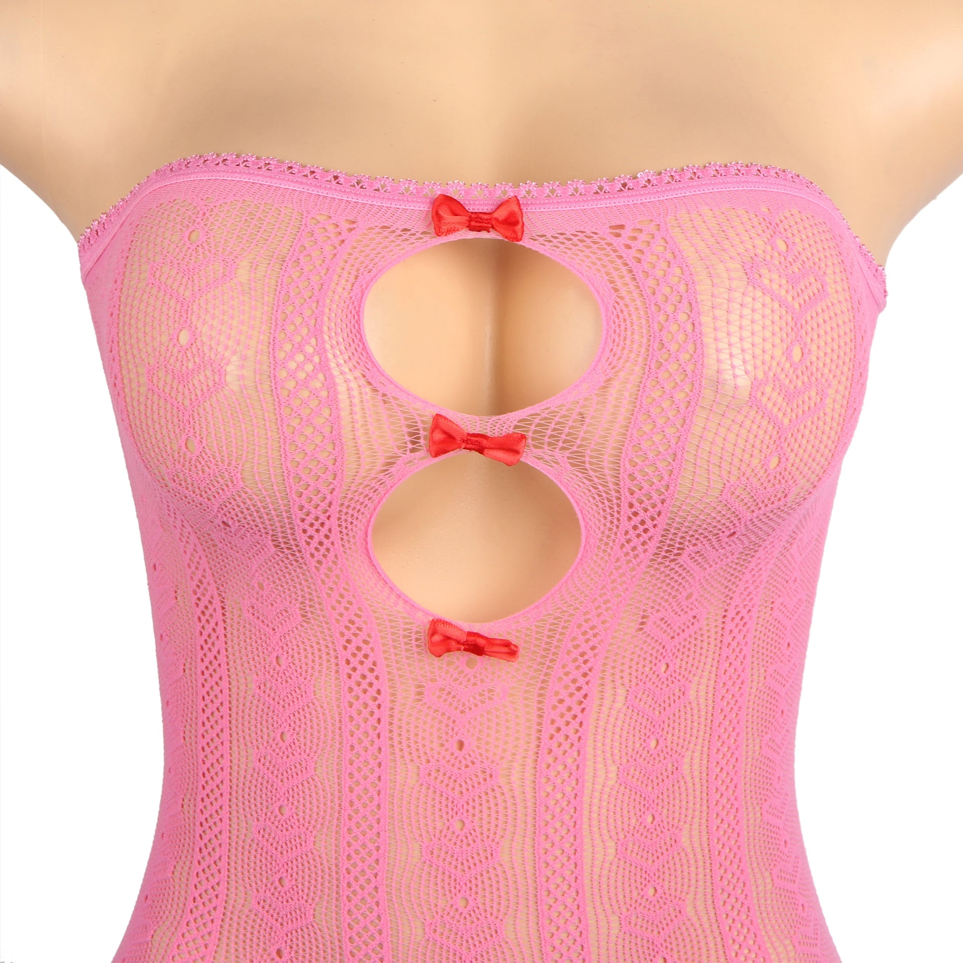 Pink Sexy Long Sleeves Hollow Out Bow Bodystocking