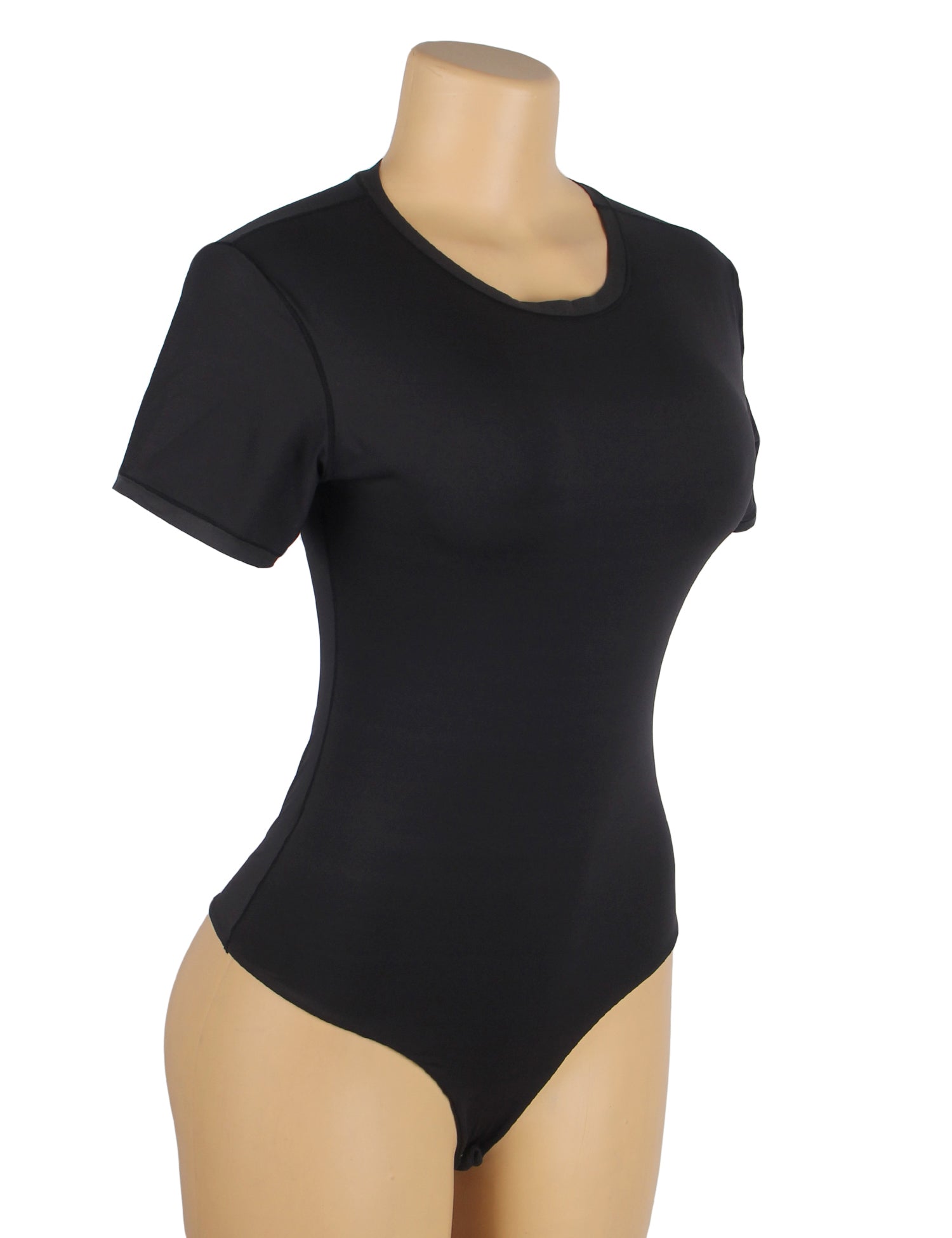 Schwarzer, schlichter Kurzarm-Body mit offenem Schritt
