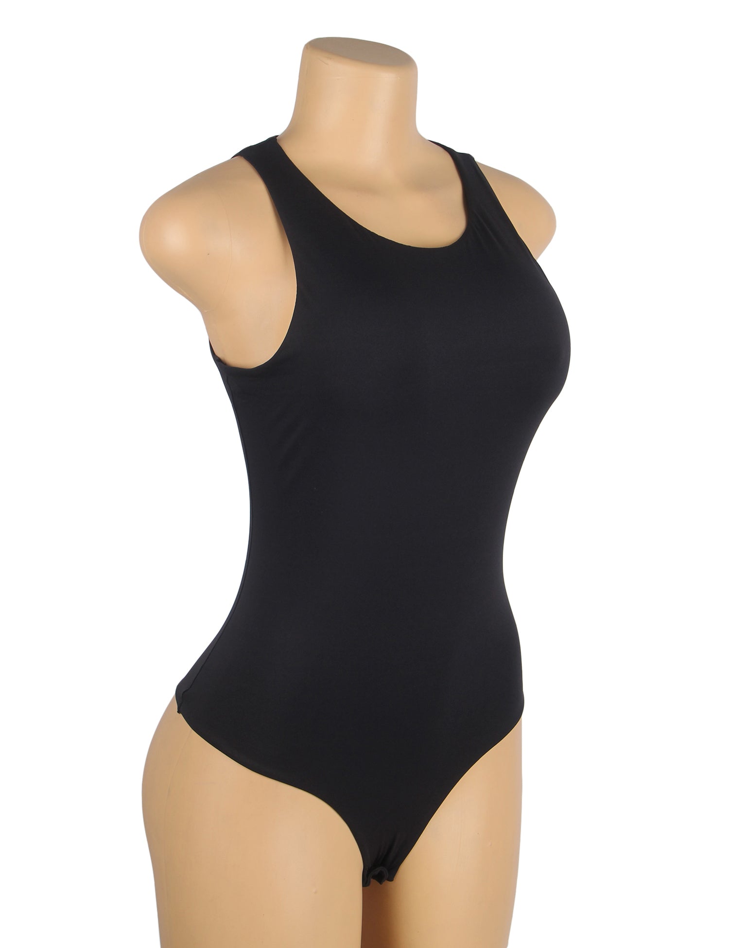 Schwarzer, schlichter, ärmelloser Body mit offenem Schritt